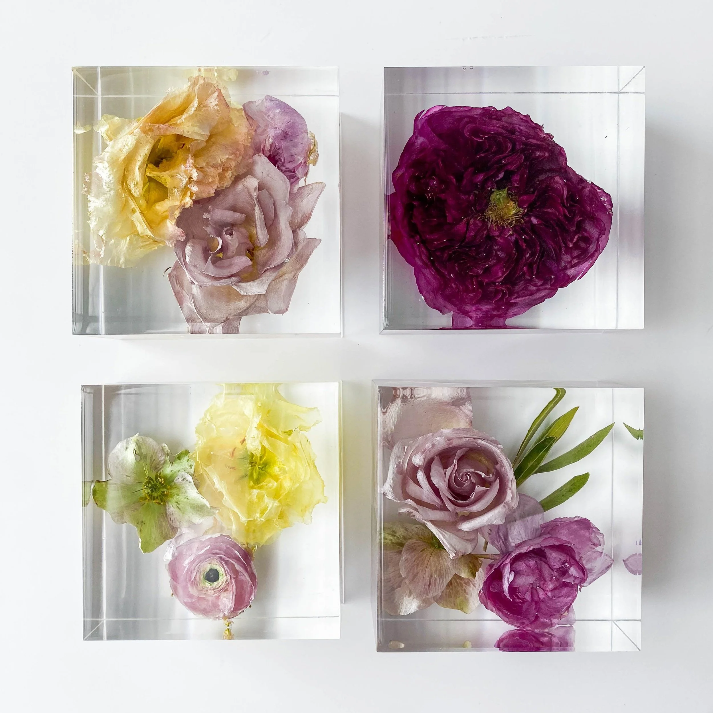 shown are four 10x10cm resin blocks each with different flowers included to show the variety possible with this shape.