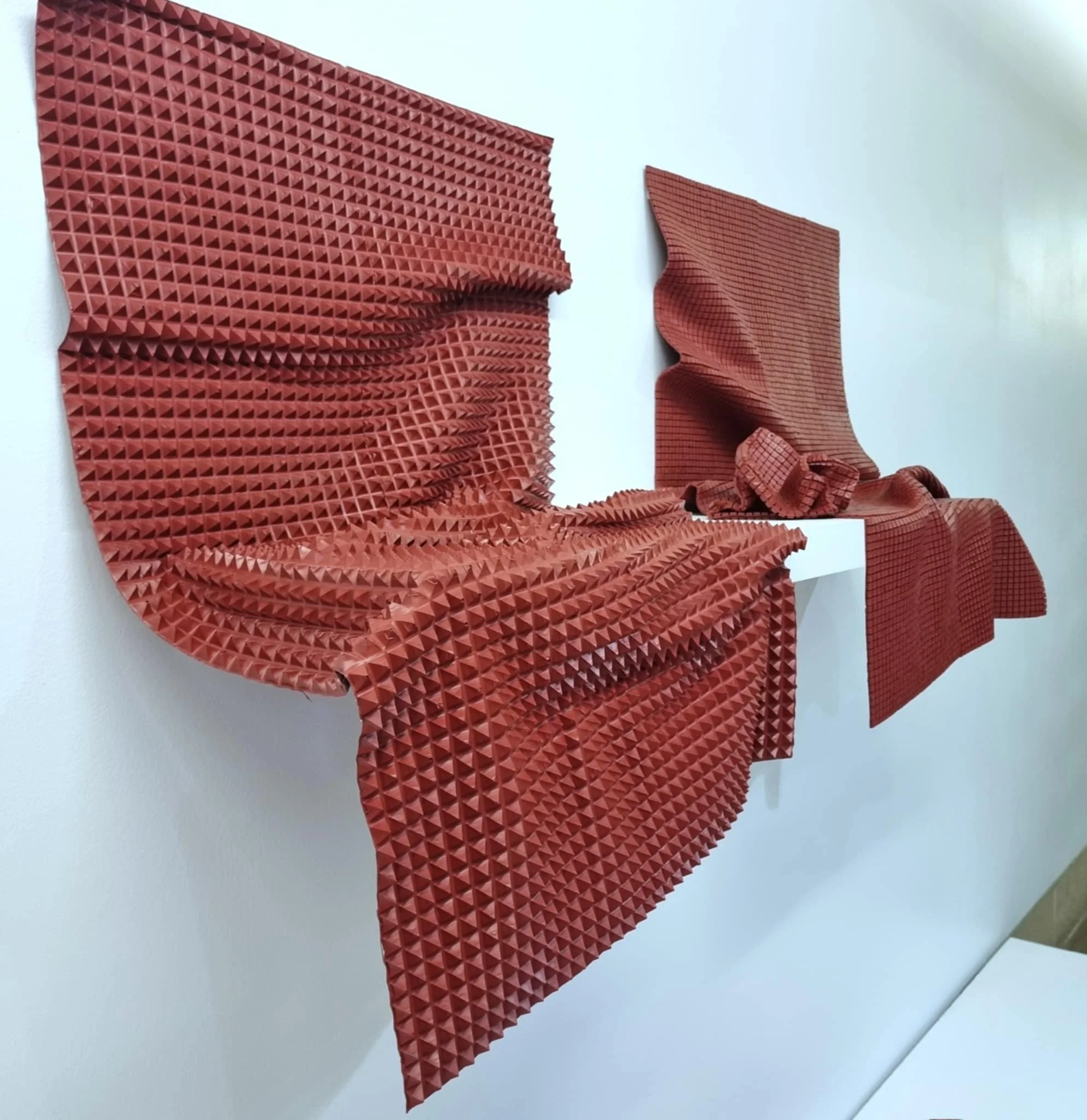 Red gridded sculpture made entirely from dried acrylic paint.