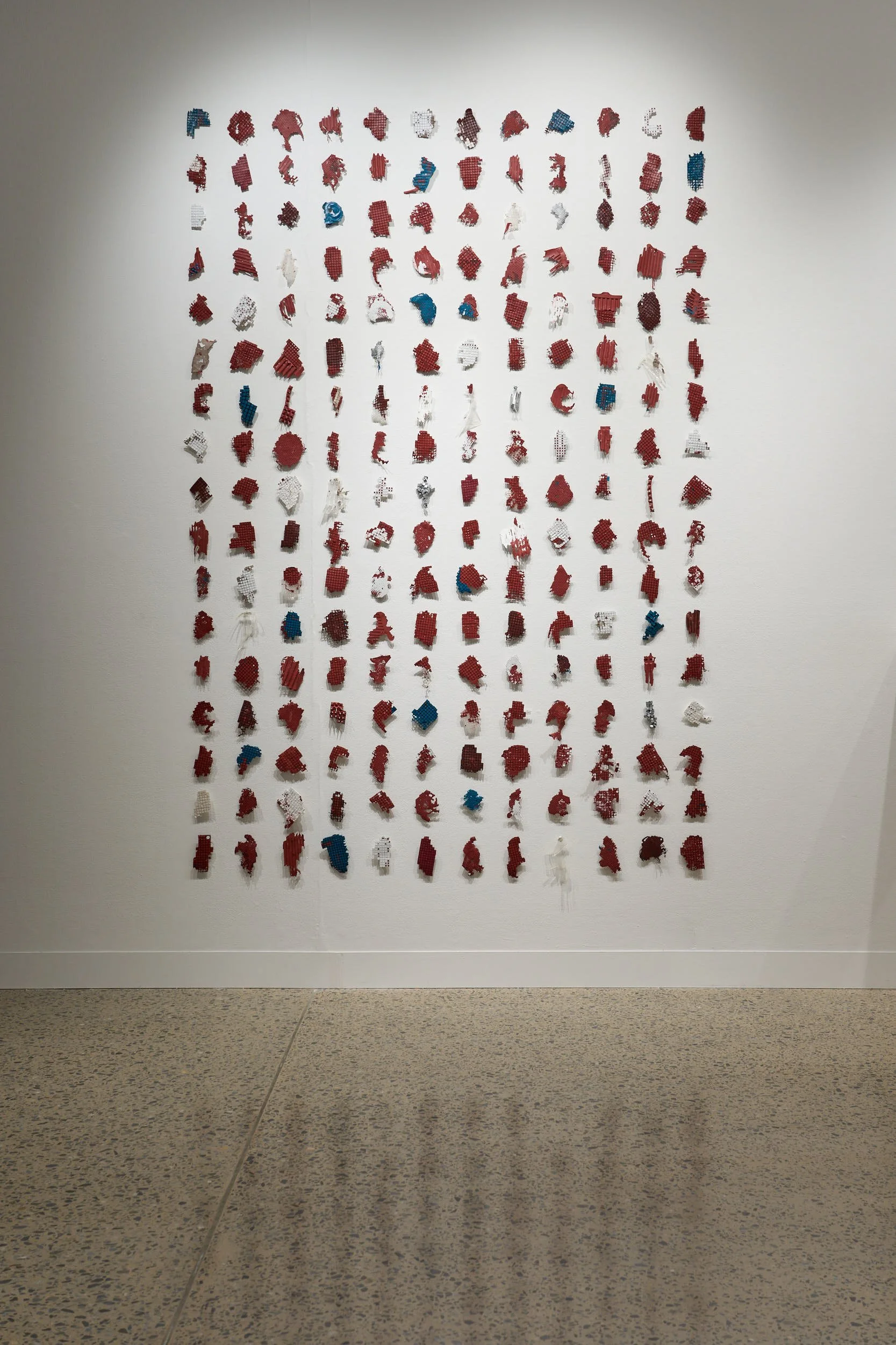 204 remnant pieces of paint arranged in a grid on the wall.