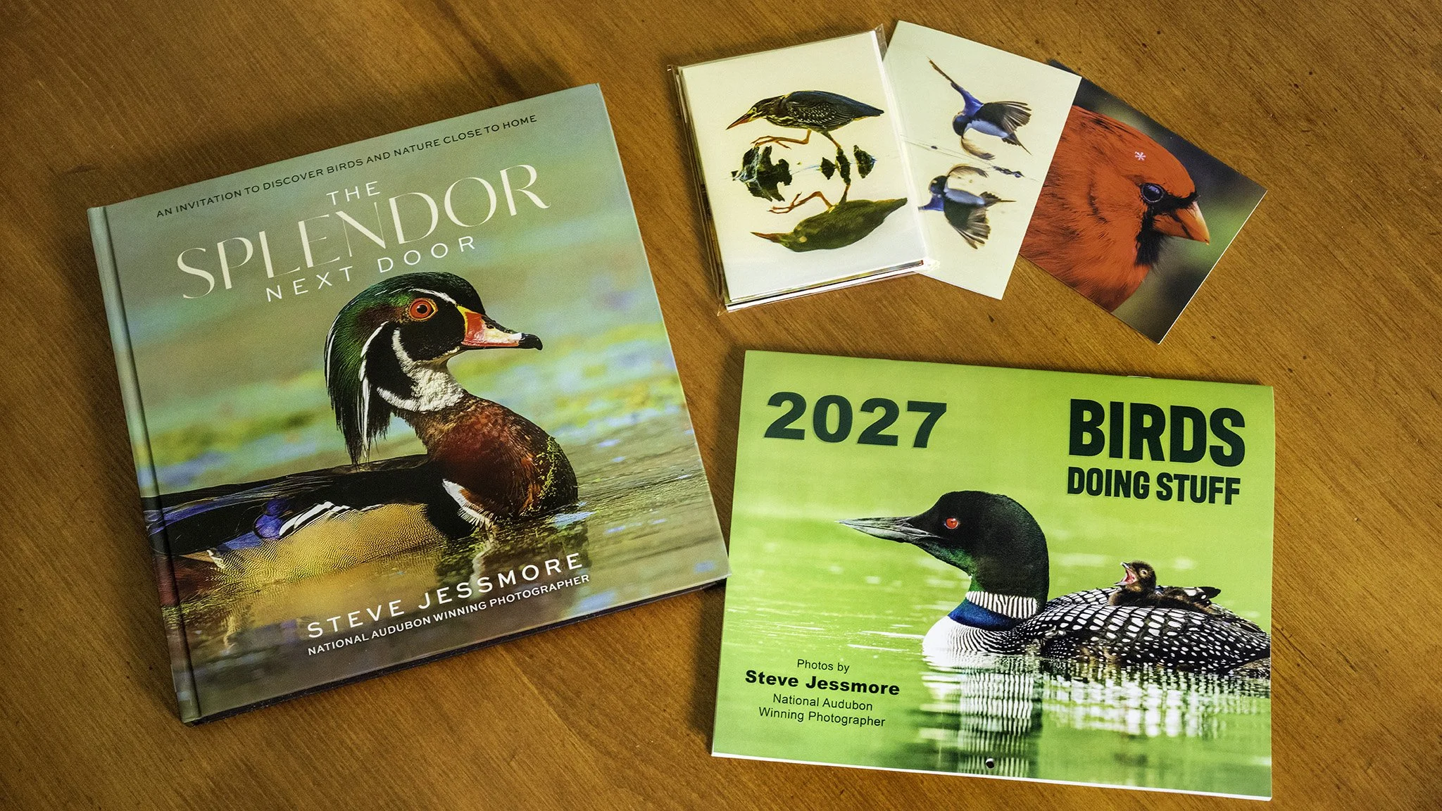Shop Steve Jessmore’s Michigan bird lover gift bundle with The Splendor Next Door hardcover book, 2027 calendar, and six Reeds Lake notecards.