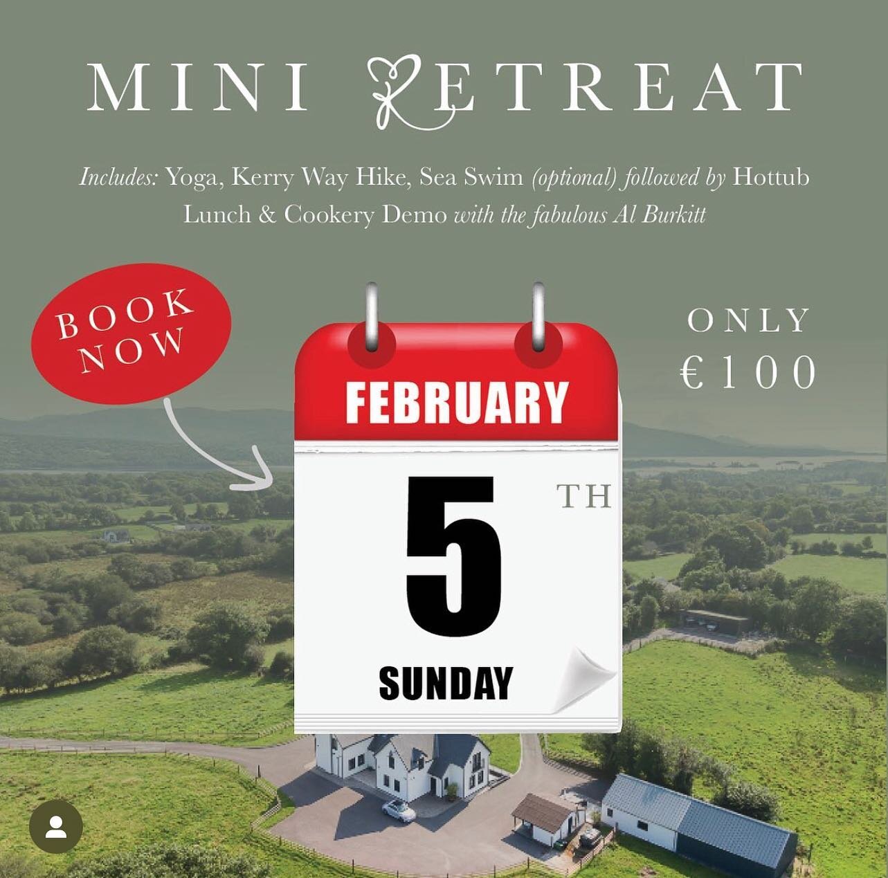 Grab our last two spots for this weekends retreat, here&rsquo;s can you can expect:

9am welcome 
9.15 yoga 
10.30 Kerry Way Hike 
Sea Swim (optional)
Followed by Hottub 

2pm Delicious lunch 
3pm Cookery Demo with the fabulous Al Burkitt 

4pm Finis