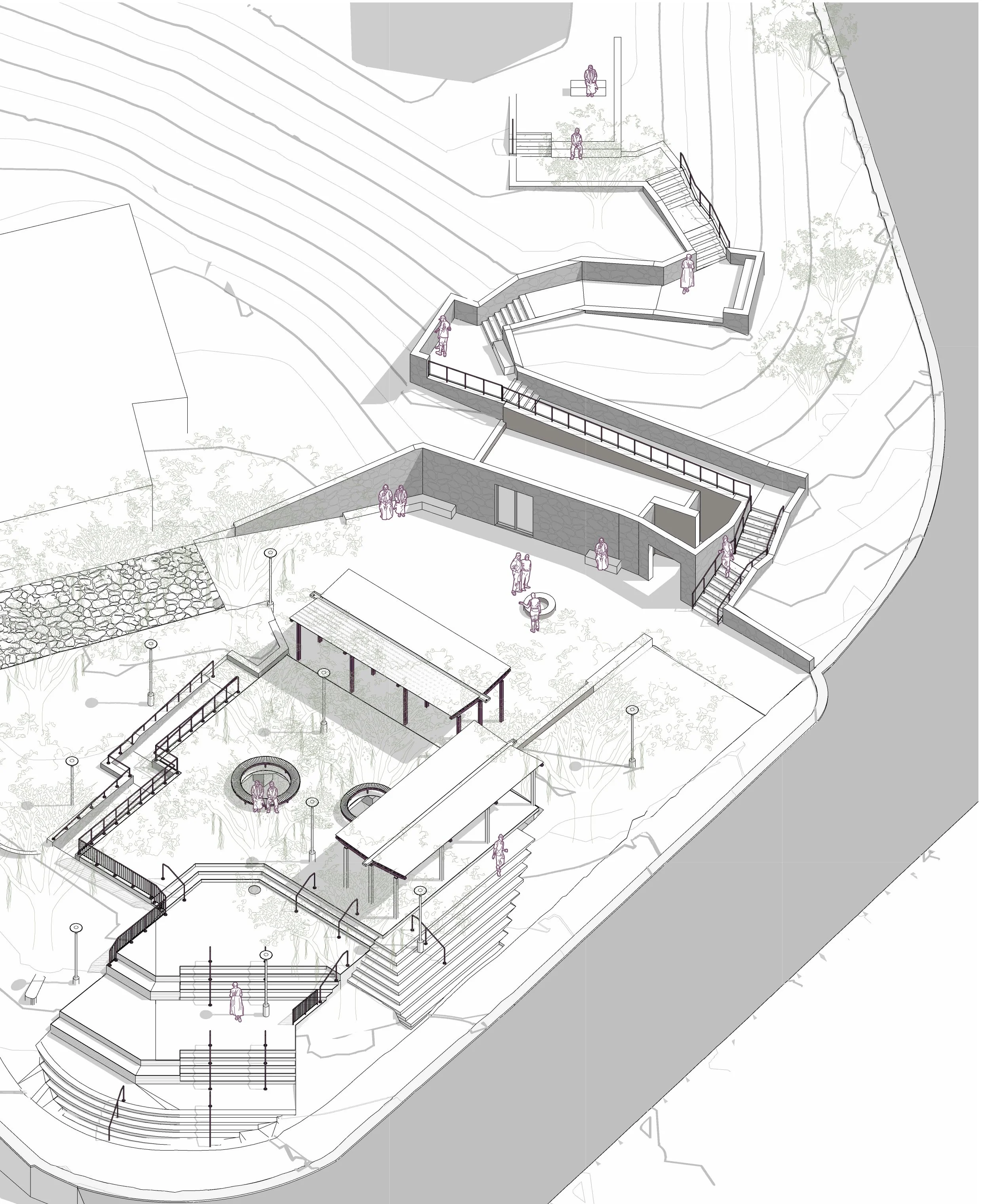 An architectural illustration of a market space on a hill with people sitting, walking, and standing on the steps, walkways and in space public spaces, with trees, and outdoor lamps.