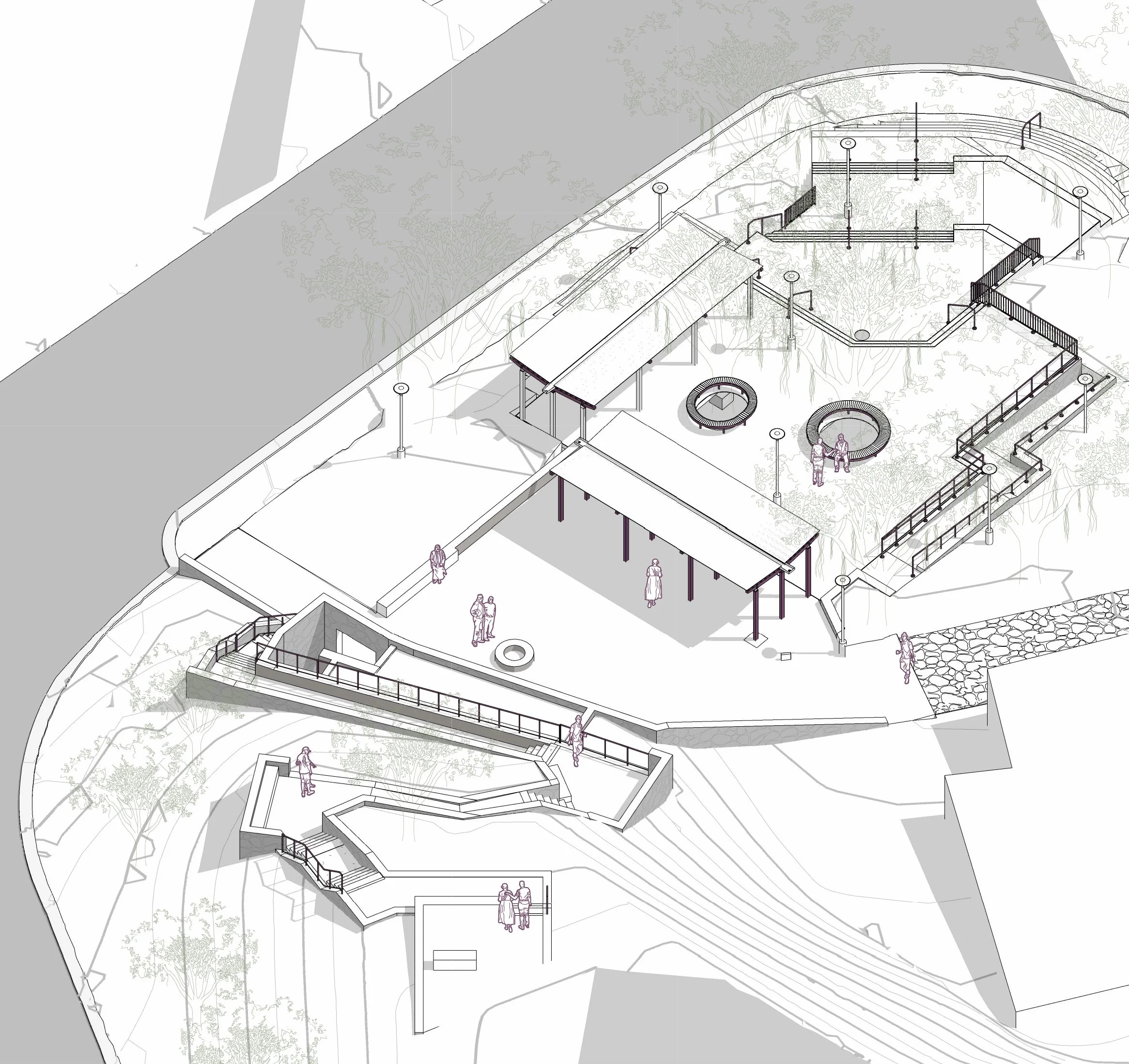 An architectural illustration of a market space on a hill with people sitting, walking, and standing on the steps, walkways and in space public spaces, with trees, and outdoor lamps.
