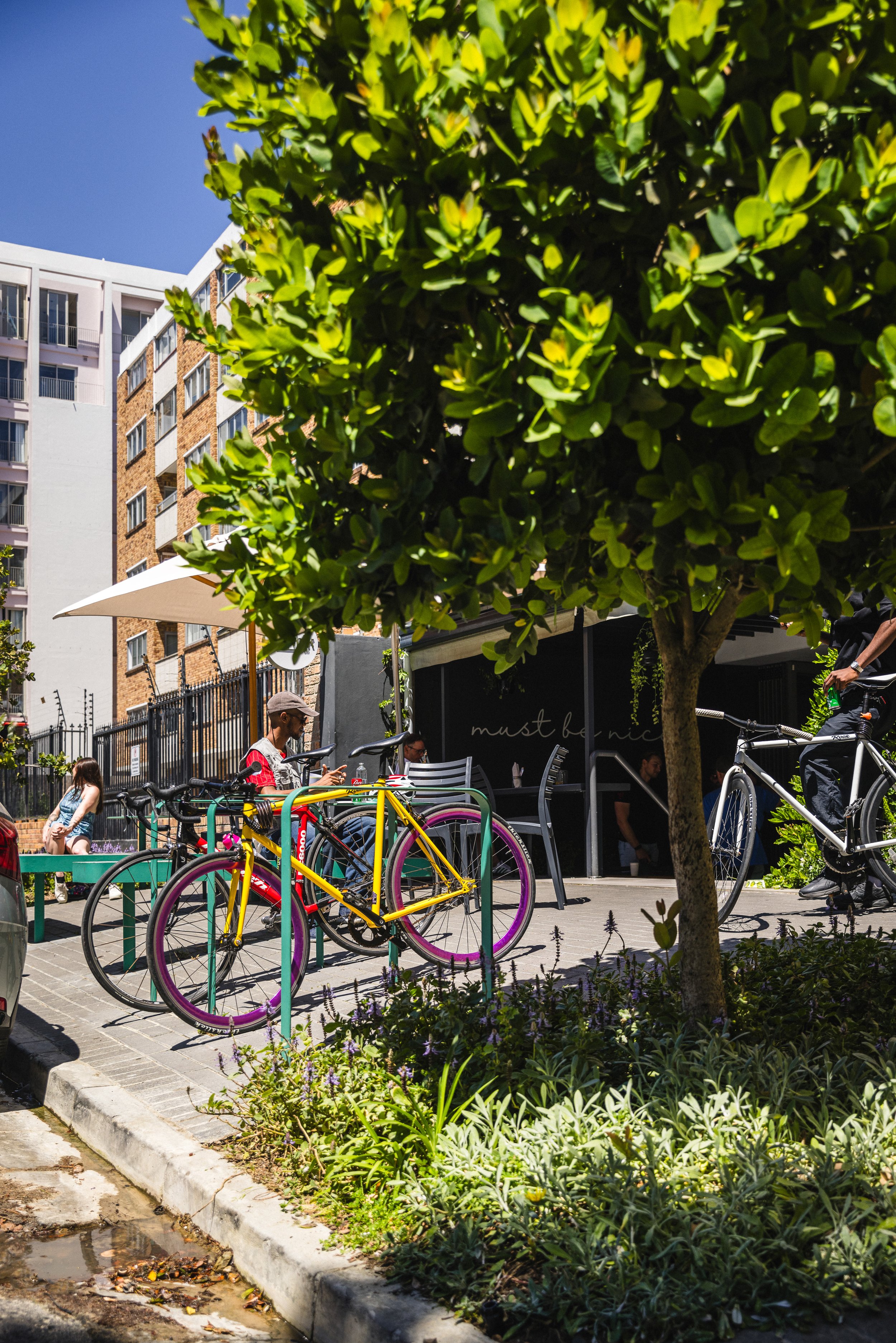 People sitting outside at a café, with bicycles parked nearby and a tree in the foreground, in an urban setting on a sunny day.