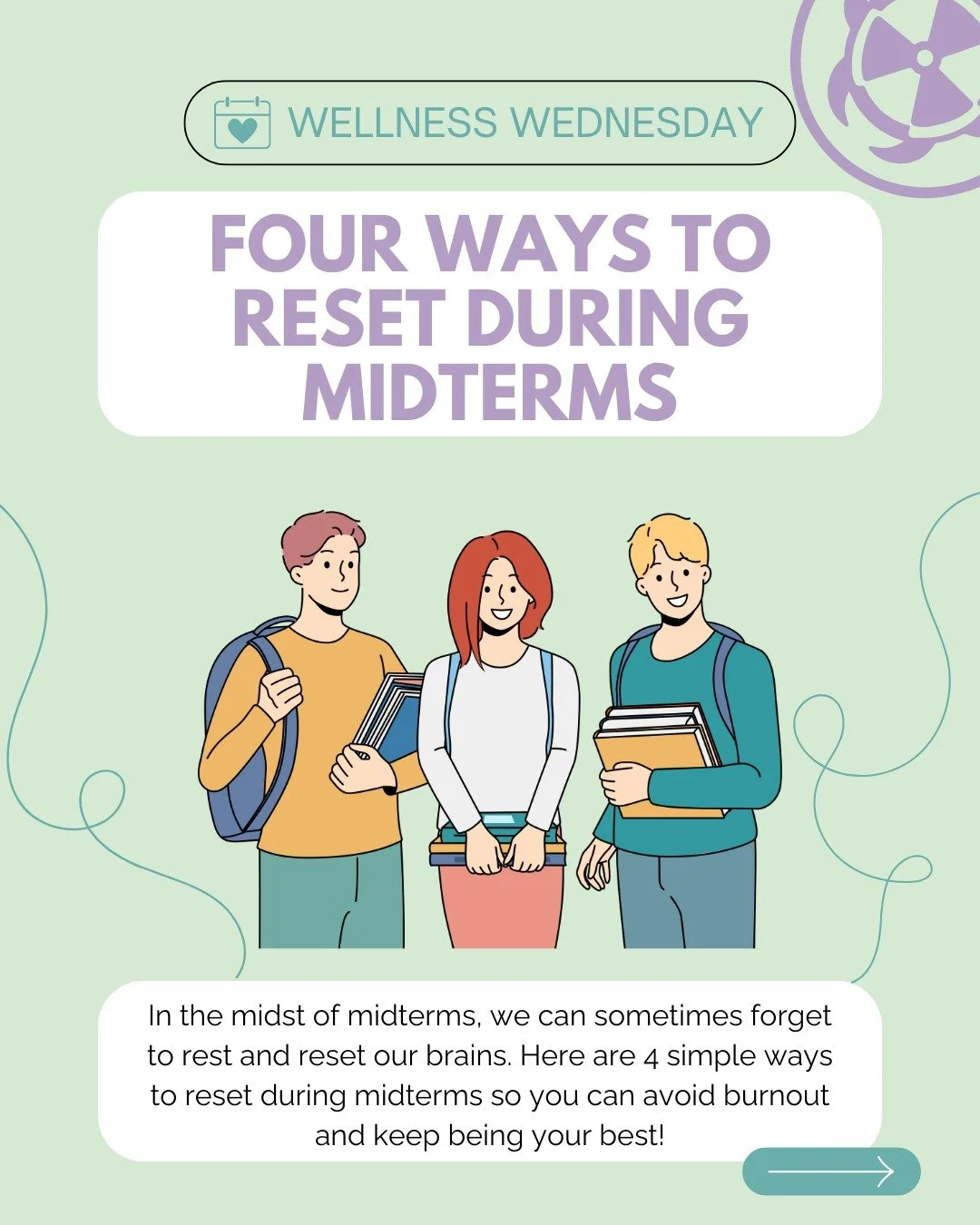 Hey Macsci and Happy Wellness Wednesday! In the midst of midterms, we can sometimes forget to rest and reset our brains. Here are 4 simple ways to reset during midterms so you can avoid burnout and keep being your best! &rarr; swipe to learn more.