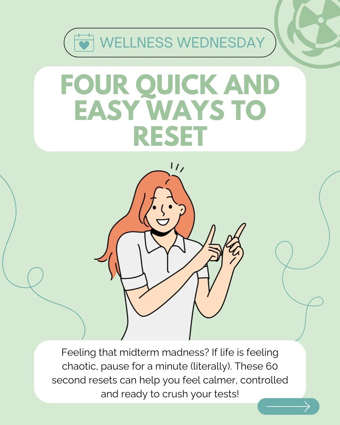 Hey Macsci and Happy Wellness Wednesday! Feeling that midterm madness? If life is feeling chaotic, pause for a minute (literally). These 60 second resets can help you feel calmer, controlled and ready to crush your tests! &rarr; swipe to learn more.