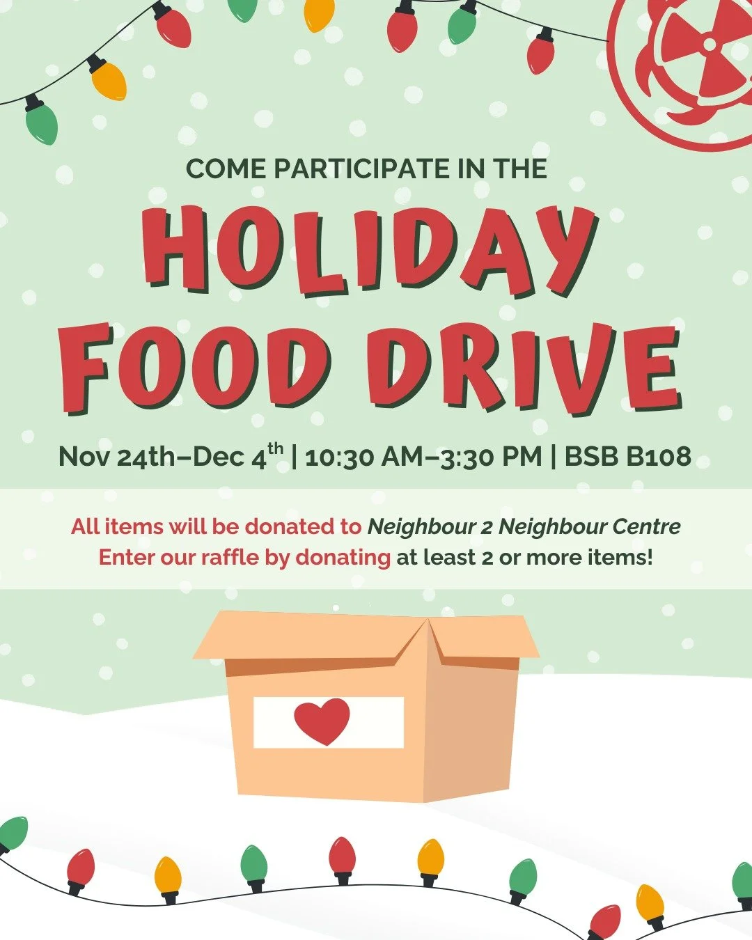 Hey MacSci! We are running our very own Holiday Food Drive to give back to the Hamilton community through the donation of non-perishable items!

This will be happening during the weekdays between November 24th-December 4th from 10:30AM - 3:30PM! You 