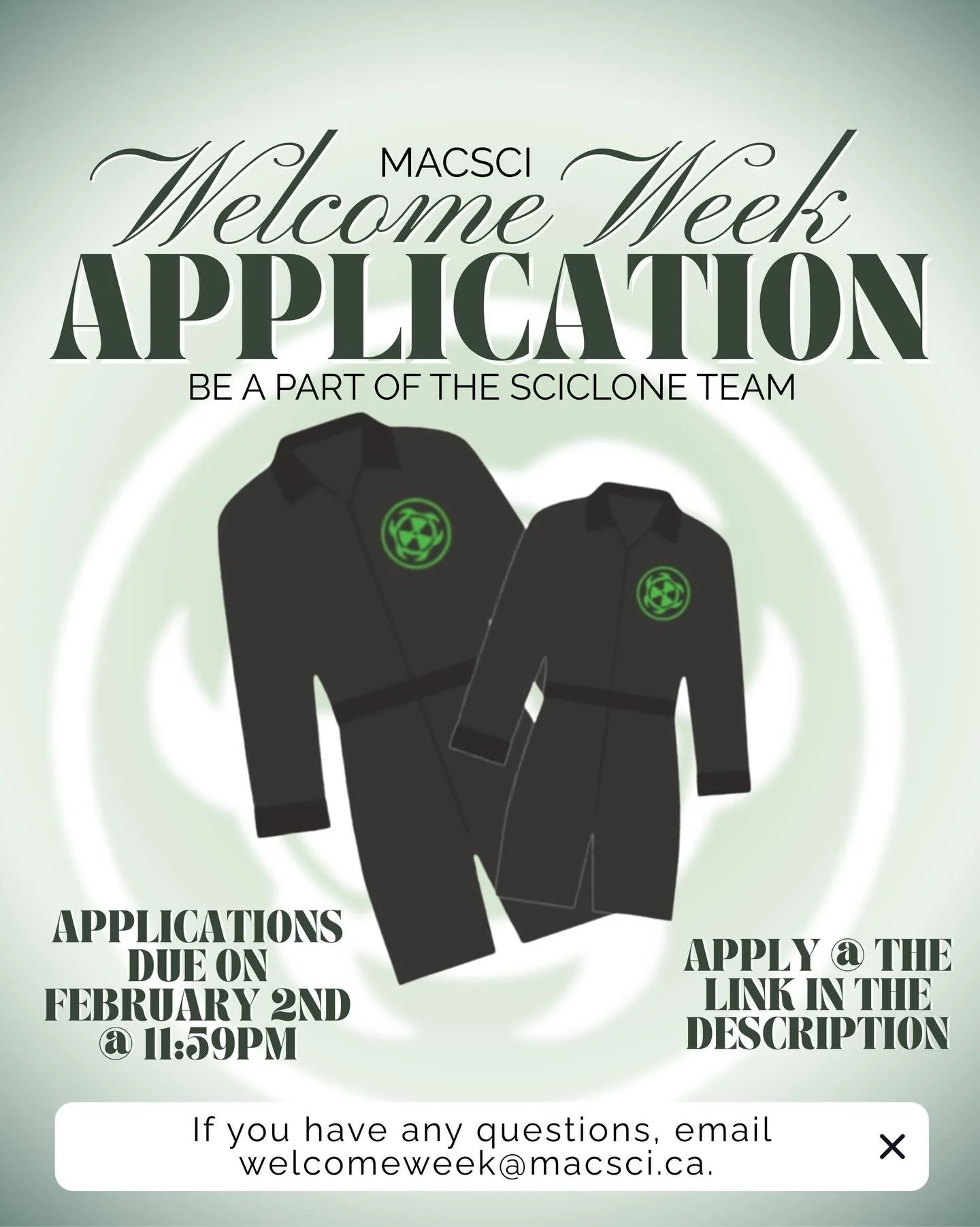 💚 Want to be a Sciclone? 💚

Applications for Science Welcome Week reps are officially OPEN ‼️

Sciclones are the heart of Science Welcome Week &mdash; student leaders who help first-years feel welcomed, supported, and excited to start their journey