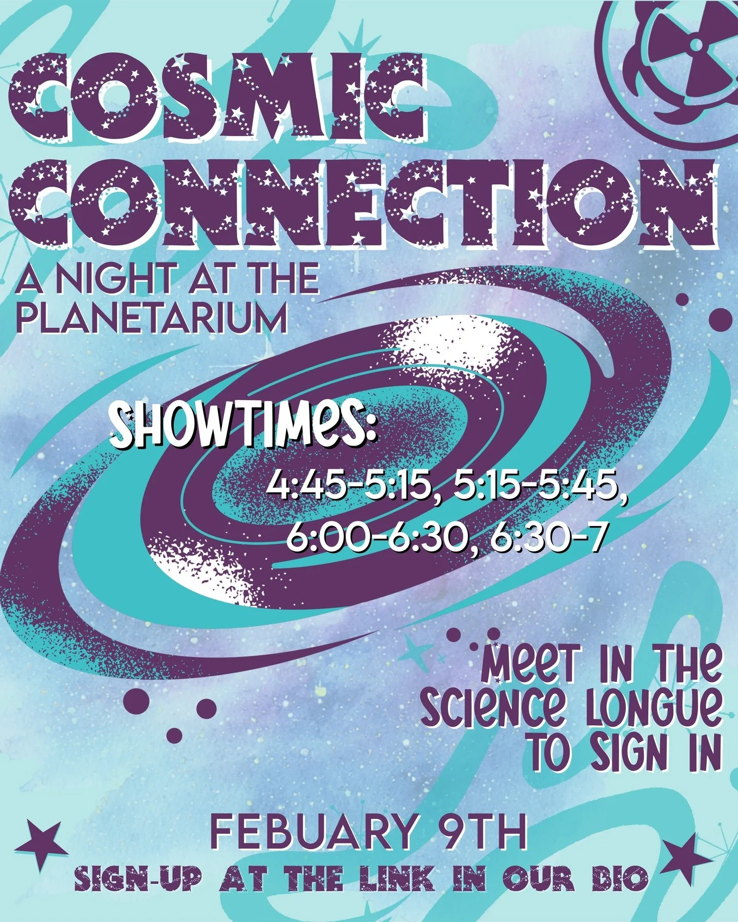 Ready to take your night out of this world? 🌌

The MSS presents: Cosmic Connections, a Planetarium experience
Come hang out with snacks, good vibes, and new friends before heading to your scheduled planetarium show.

✨ Chill first
🌠 Explore the sta