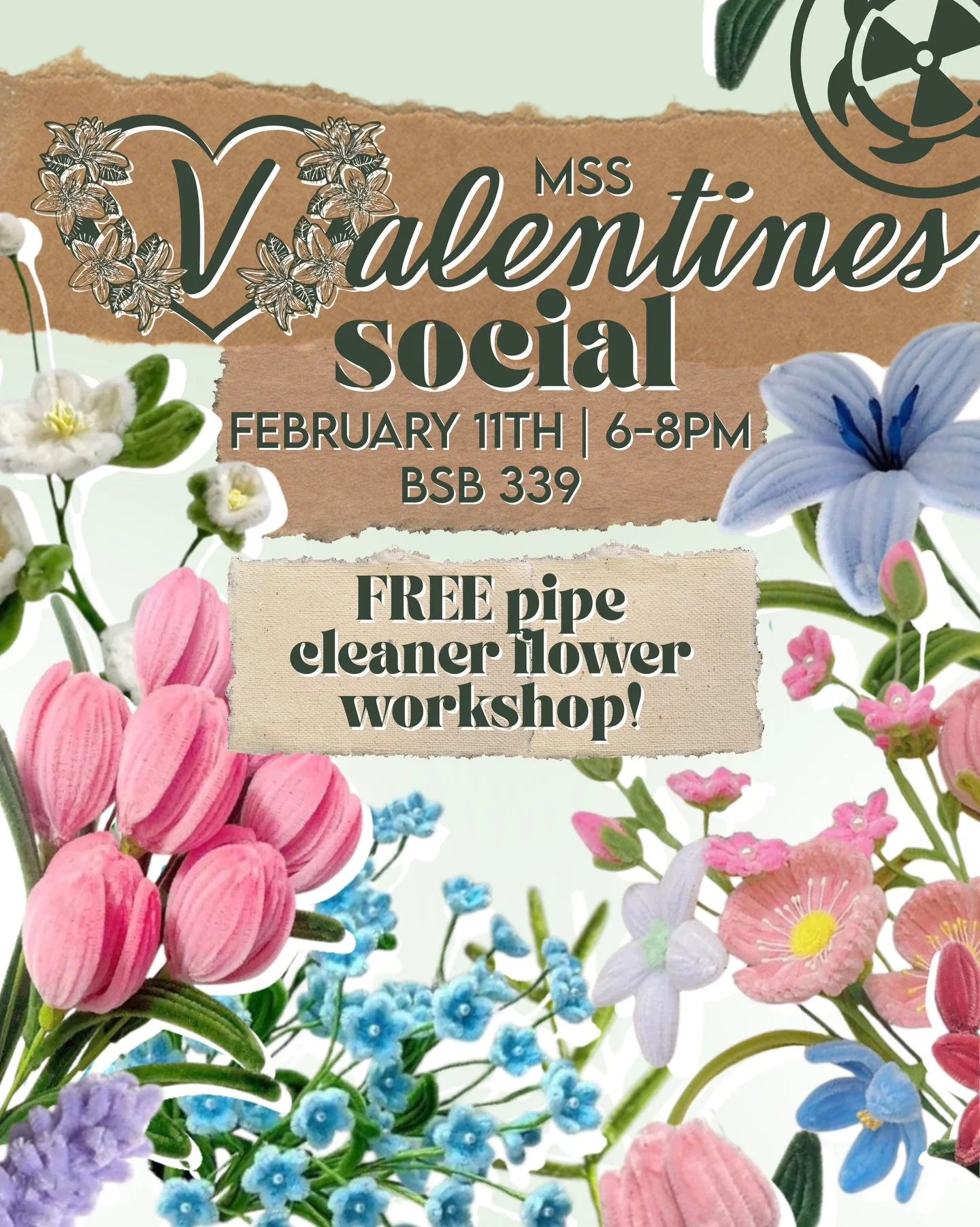 Join us for a FREE faux pipe cleaner flower workshop! Stop by on February 11th from 6-8 PM in the Science Lounge (BSB 339) to make your own faux pipe cleaner flowers. All materials and the workshop are completely free, and no experience is needed.