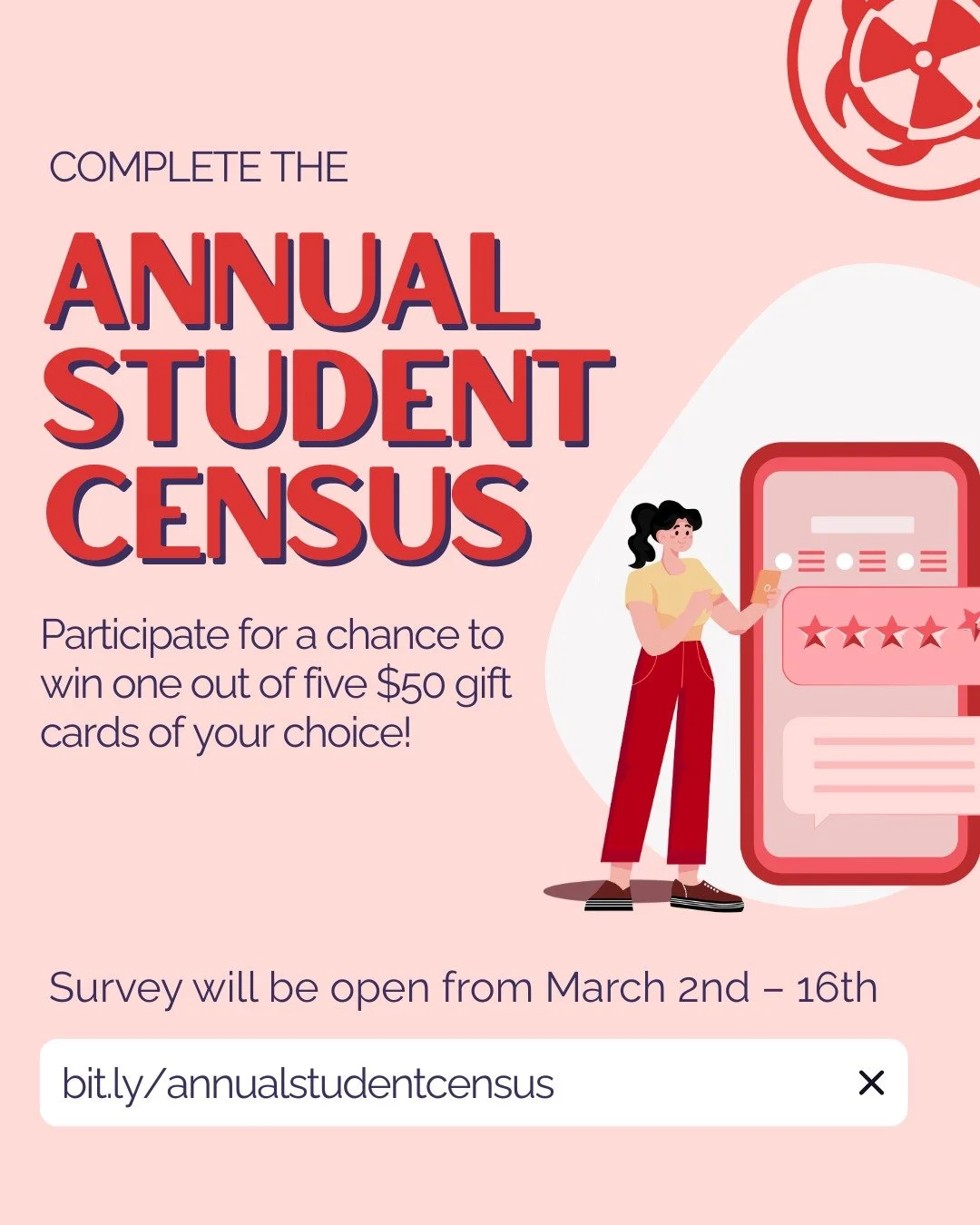 Calling all MacSci students! 

The 2026 Annual Student Census is NOW OPEN! Share some insight about your academic experience this year!

PRIZE: Complete the survey for a chance to win 1 out of 5 $50 gift cards of your choice. Winners will be drawn af