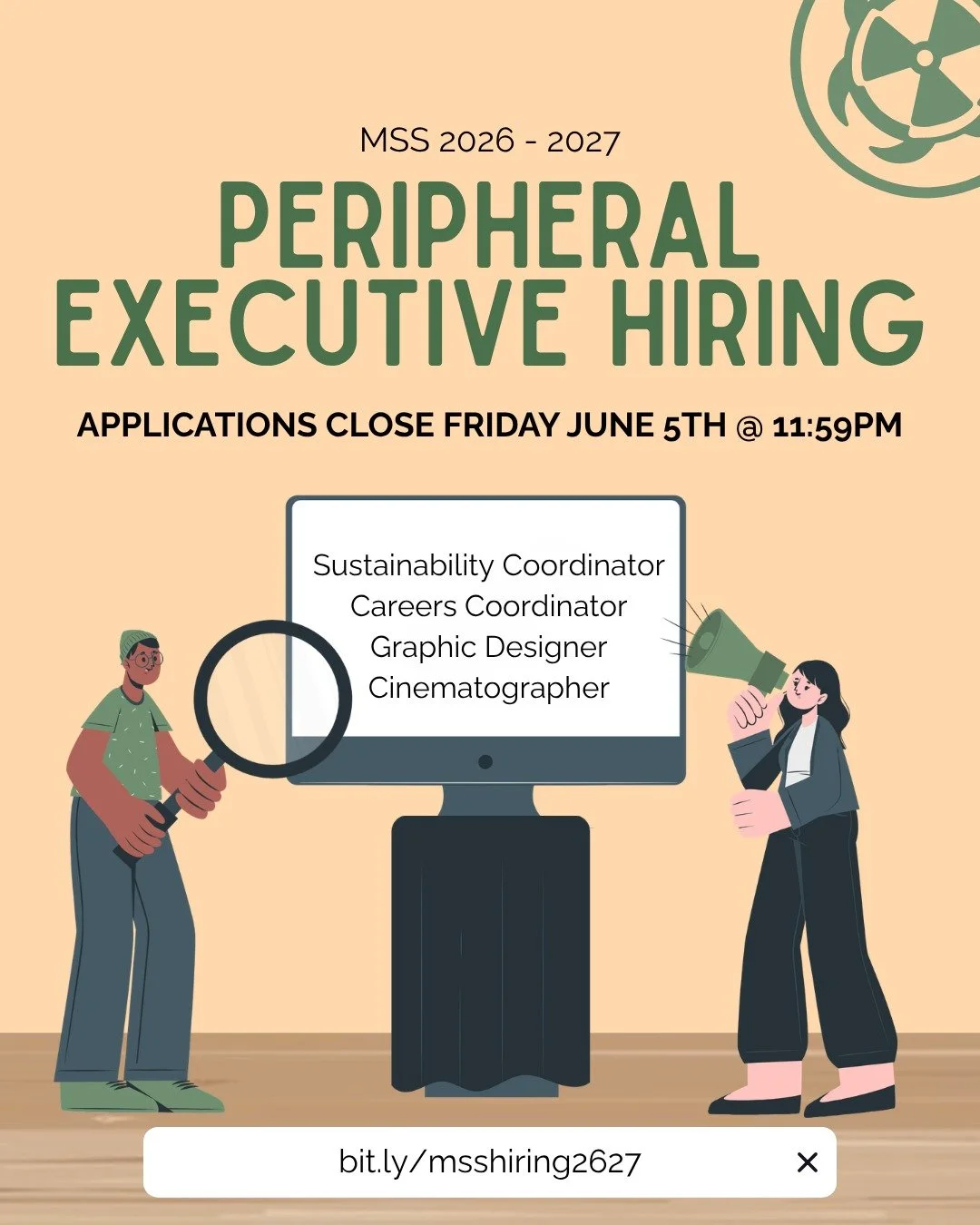 Hey Mac Sci! 
Applications have been reopened for Sustainability Coordinator, Careers Coordinator, Graphic Designer, and Cinematographer. Apply now until June 5th at 11:59 PM!