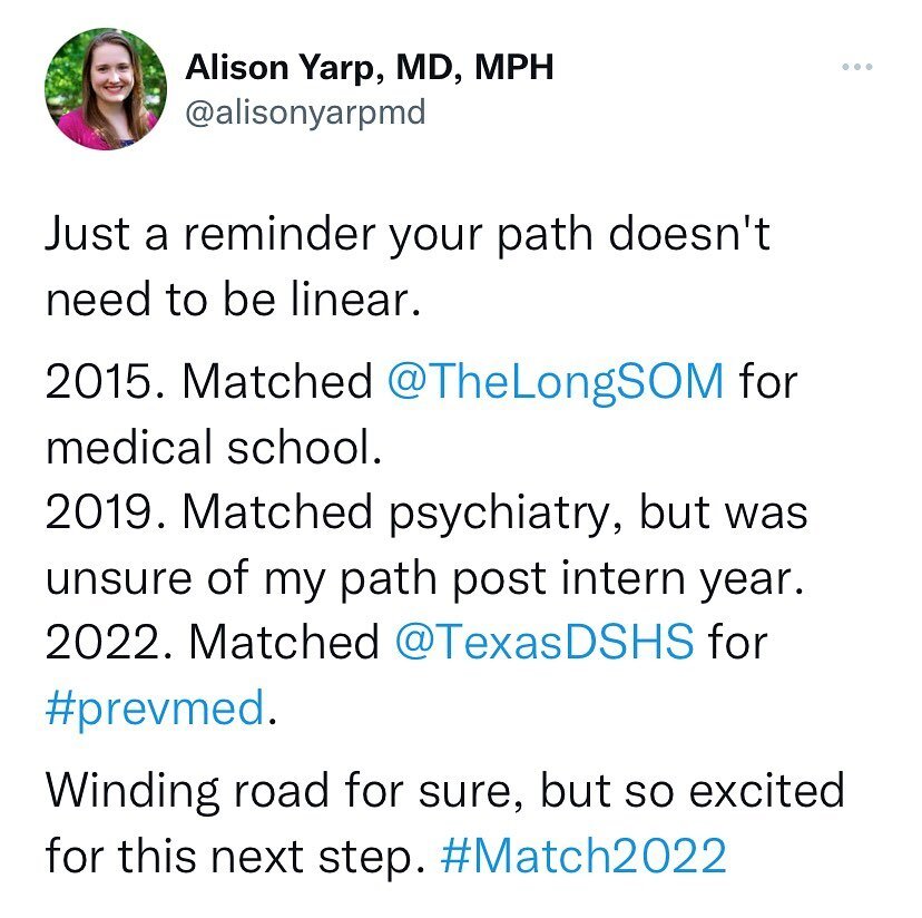It's been a long journey, but I am thrilled to be moving forward in my career in public health and preventive medicine, especially surrounding mental health awareness and medical education advocacy.

#match2022 
#publichealth 
#womeninmedicine 
#ment