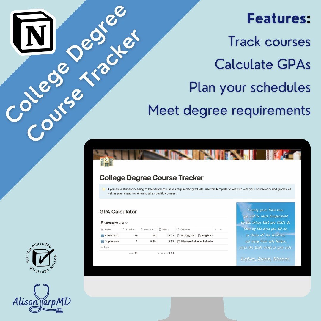 My first Notion template is up! If you're a college student, this one is for you! College is a wonderful time, but I also remember trying to keep track of the coursework for my major, general requirements, and prerequisites for graduate school. It&rs
