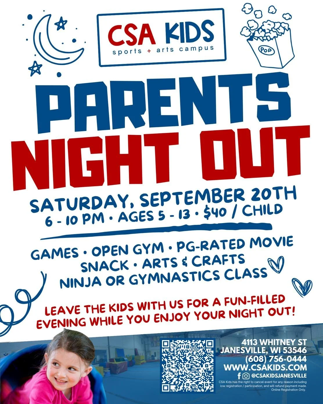 Get ready for an exciting night out! Join us for our Parents Night Out on Saturday, September 20th! Drop your kids off from 6 to 10 PM and enjoy a well-deserved break. While you relax and unwind, your little ones will be having a blast at the gym! Th