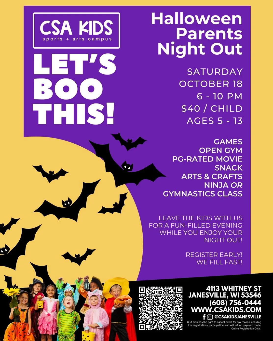 Our most popular Parents' Night Out is now open for registration! Don't miss out on an evening filled with spooky fun and yummy treats. Our whole staff will be dressing up for the occasion, and we can't wait to see you there!