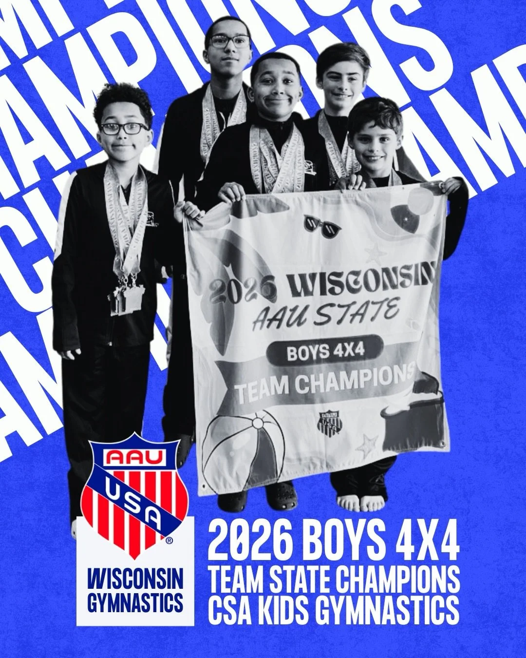 STATE CHAMPS 🏆🔥

Our Boys 4x4 team brought it on Day 1 of AAU State and came out on top 💪

So much hard work behind this moment and it showed. Proud is an understatement.

#CSAKids #StateChamps #BoysGymnastics #aaugymnastics #wisconsinaau