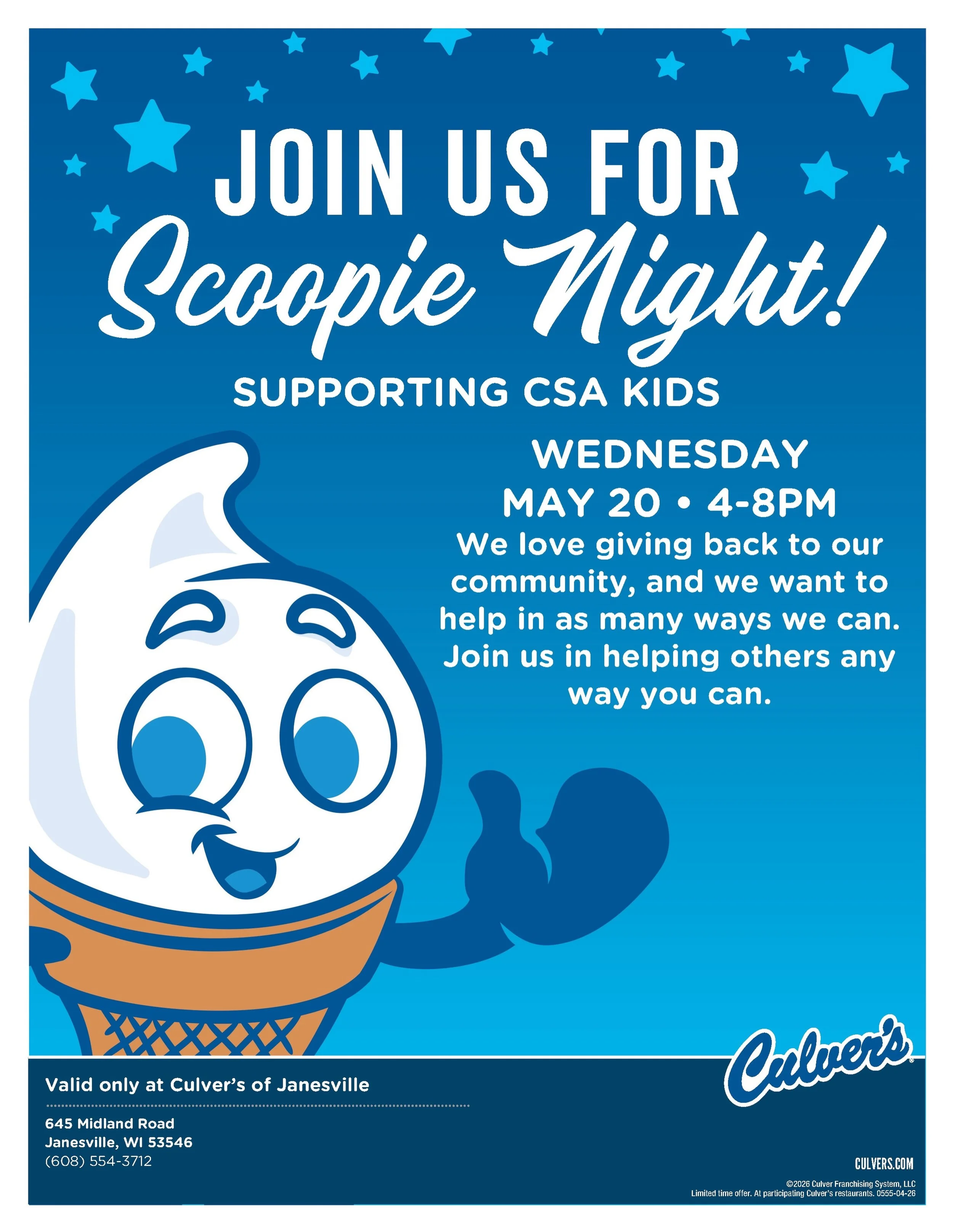 Join us at Culver&rsquo;s of Janesville on Wednesday, May 20 from 4&ndash;8PM for Scoopie Night supporting the CSA Kids Gymnastics Team! Stop in for your favorite Culver&rsquo;s treat and help support our athletes as they train, compete, and represen