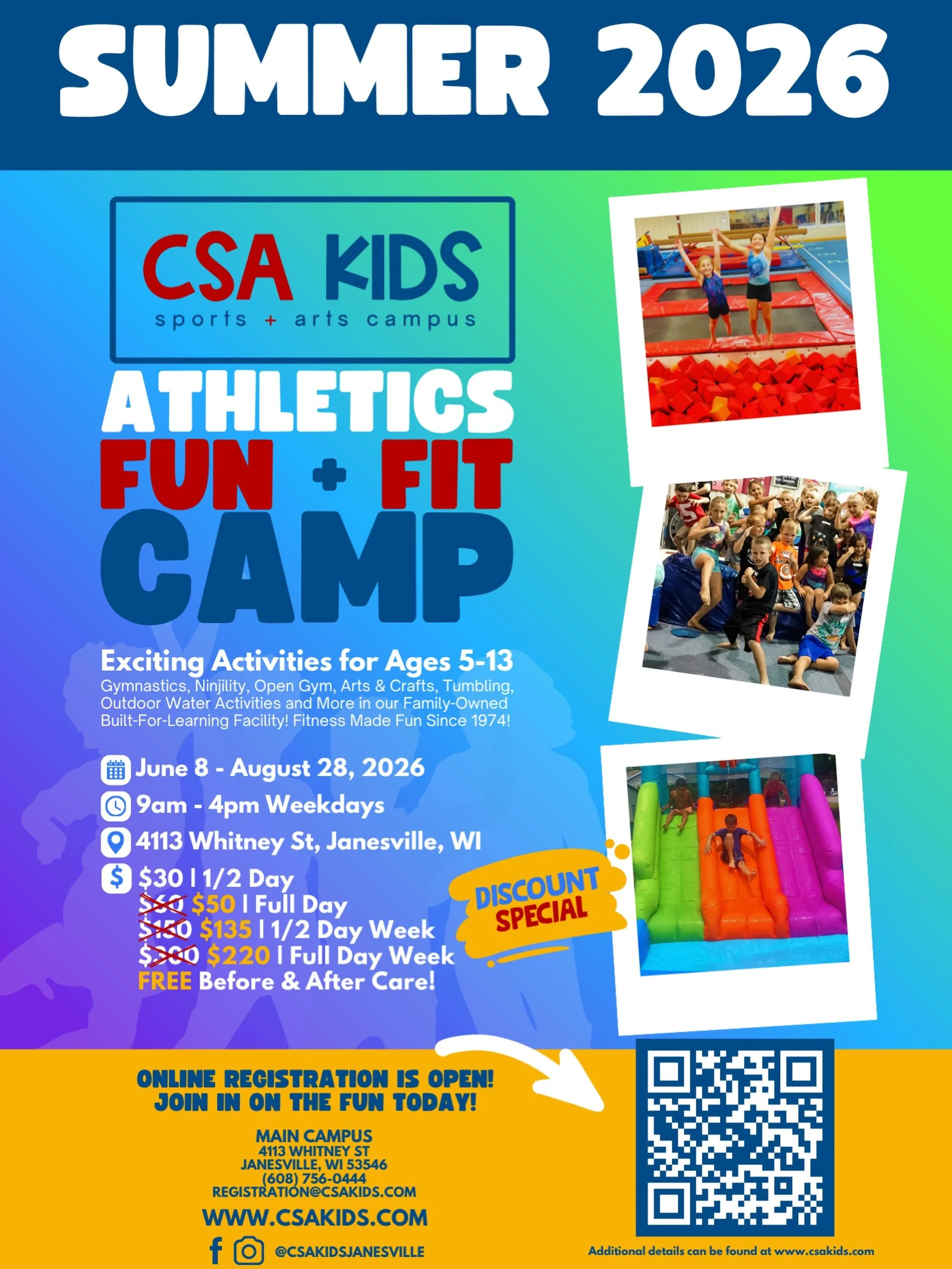 Summer is better when it&rsquo;s active.

Join us at CSA Kids Athletics Fun + Fit Camp for a summer filled with gymnastics, ninja, tumbling, games, arts &amp; crafts, outdoor water activities, and plenty of opportunities to make new friends.

📅 June