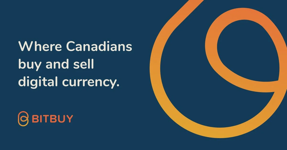 Graphic with text that reads 'Where Canadians buy and sell digital currency' and the Bitbuy logo on a dark blue background with orange accent design.