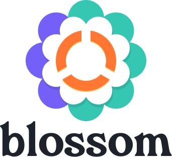 A colorful flower-like logo with multicolored petals surrounding an orange circular arrow, and the word 'blossom' written below.