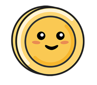 A cute, smiling, yellow cartoon coin with rosy cheeks and black eyes.