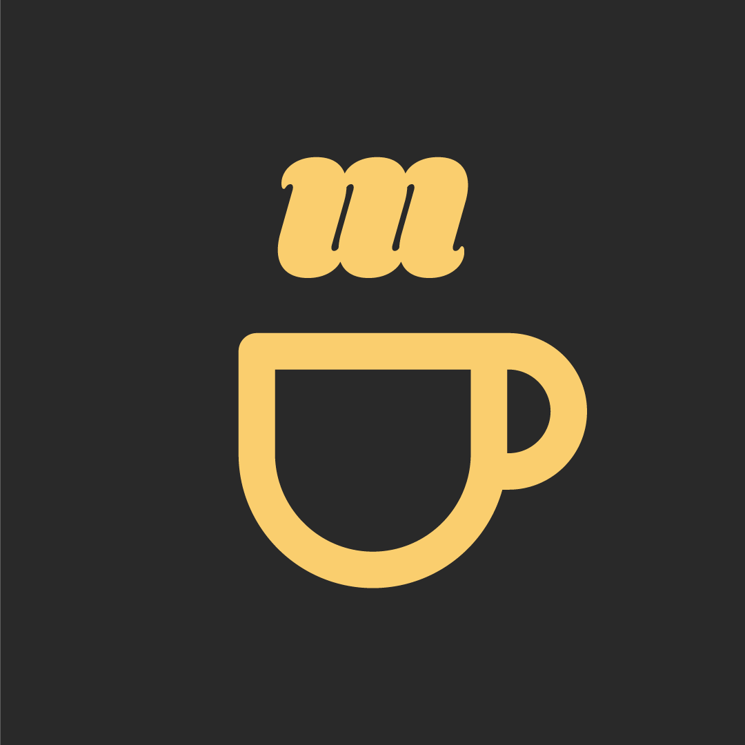 Graphic design with a coffee mug and steam rising from it, stylized to resemble a face with eyes and a smile.