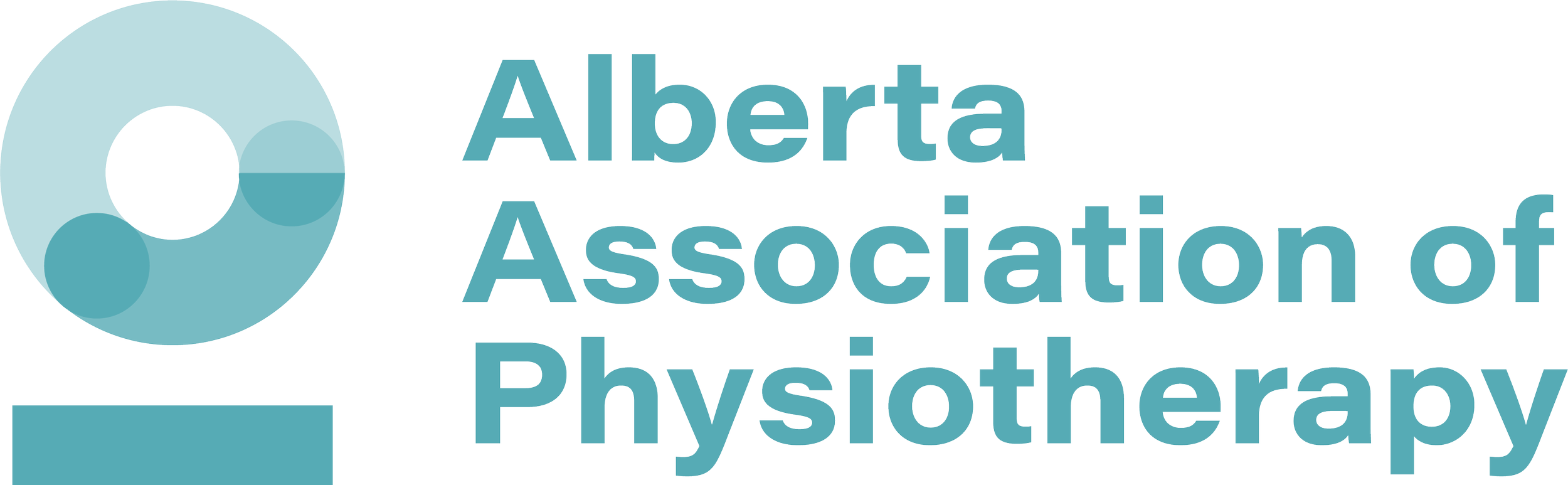 Logo of the Alberta Association of Physiotherapy showing a teal circle with a smaller black circle inside, and the organization's name written beside it.