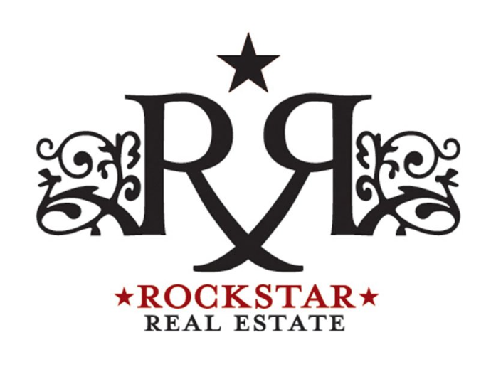Logo for Rockstar Real Estate featuring a black star, ornate lettering, and red and black text.
