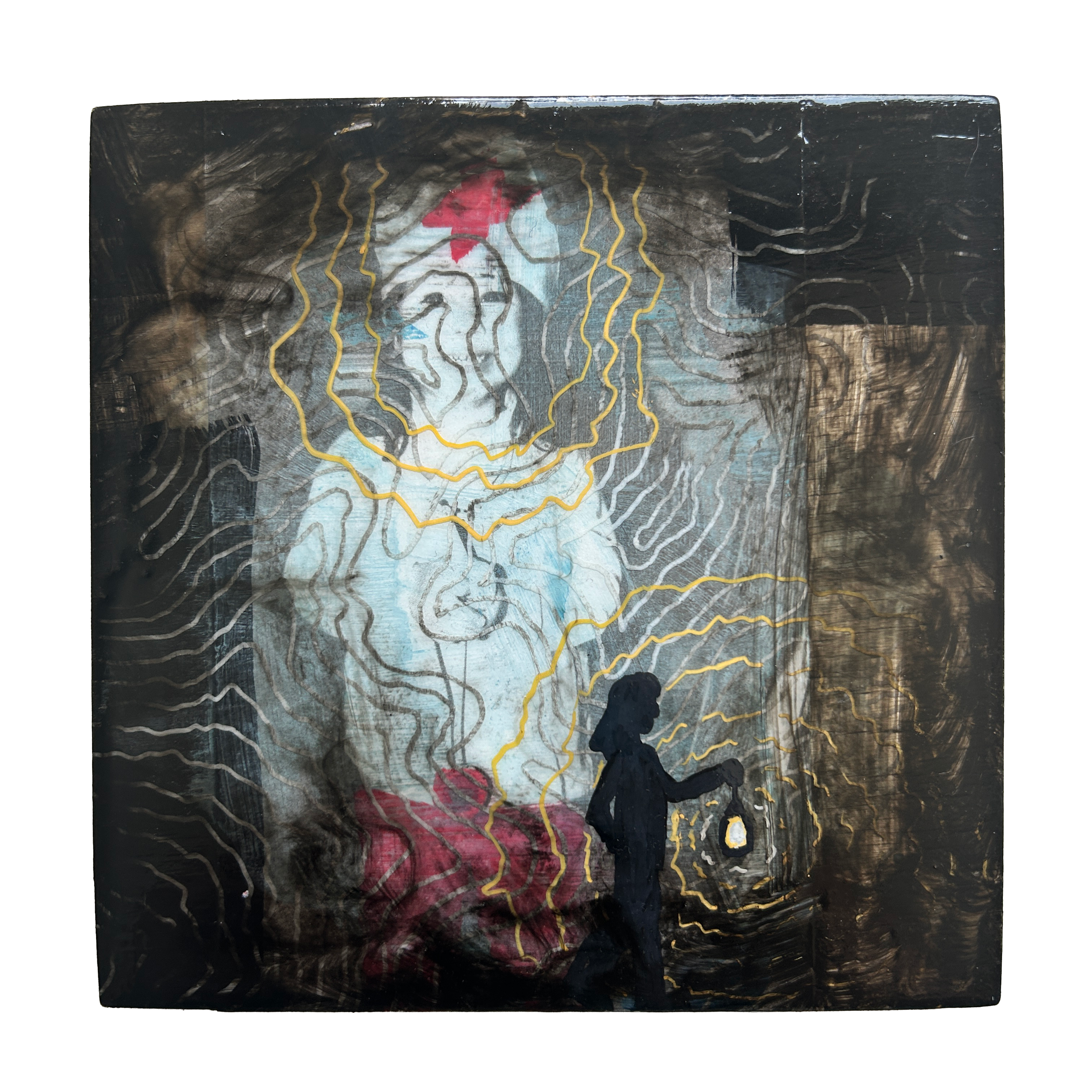 A Guide on the Side, 2026. Photograph, acrylic marker, Sumi ink, and acrylic pouring medium on wood board. 6 x 6 inches.