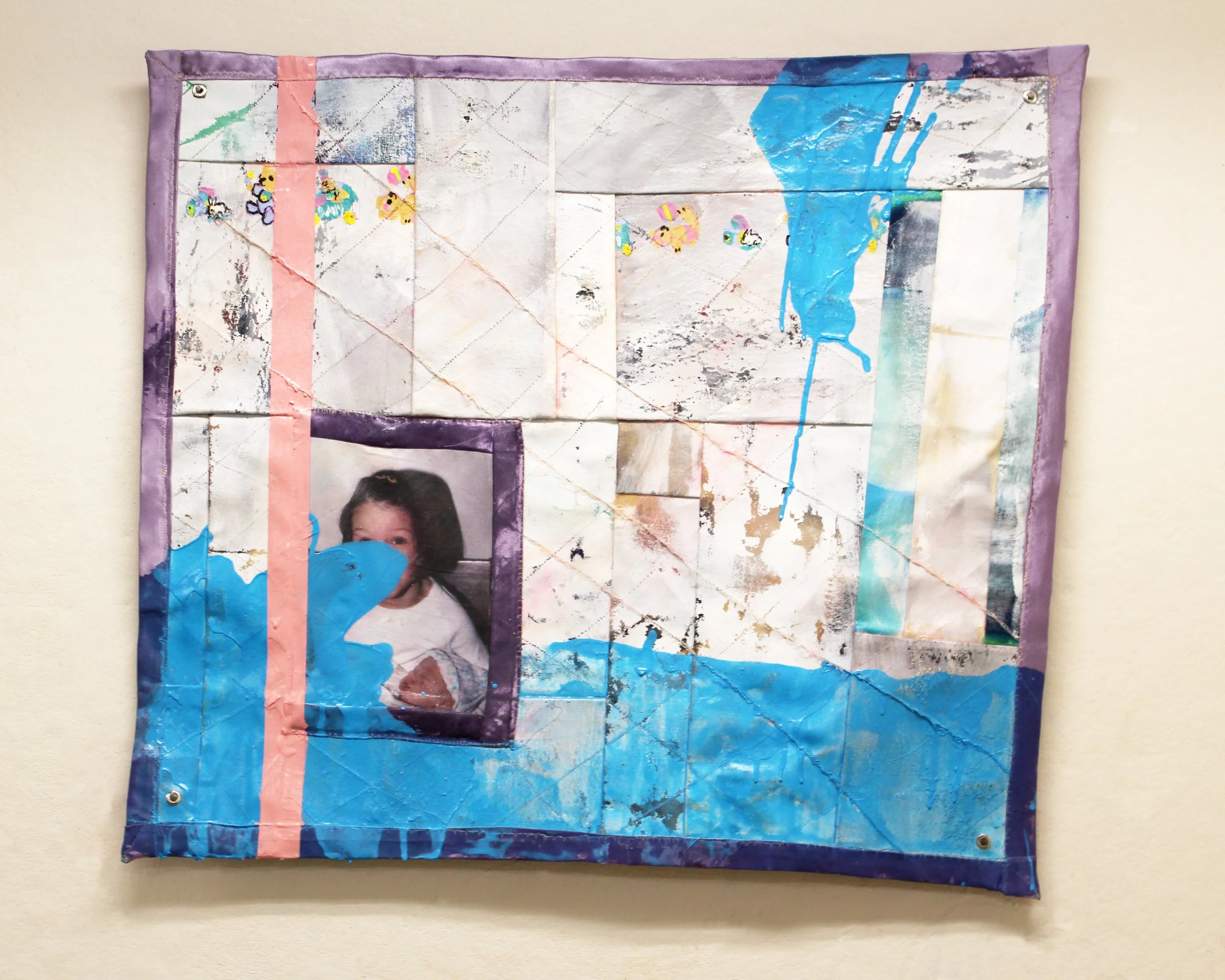 Baby Blanket, 2016. Acrylic, printed photo, and fabric on sewn canvas. 22 x 32 inches. 