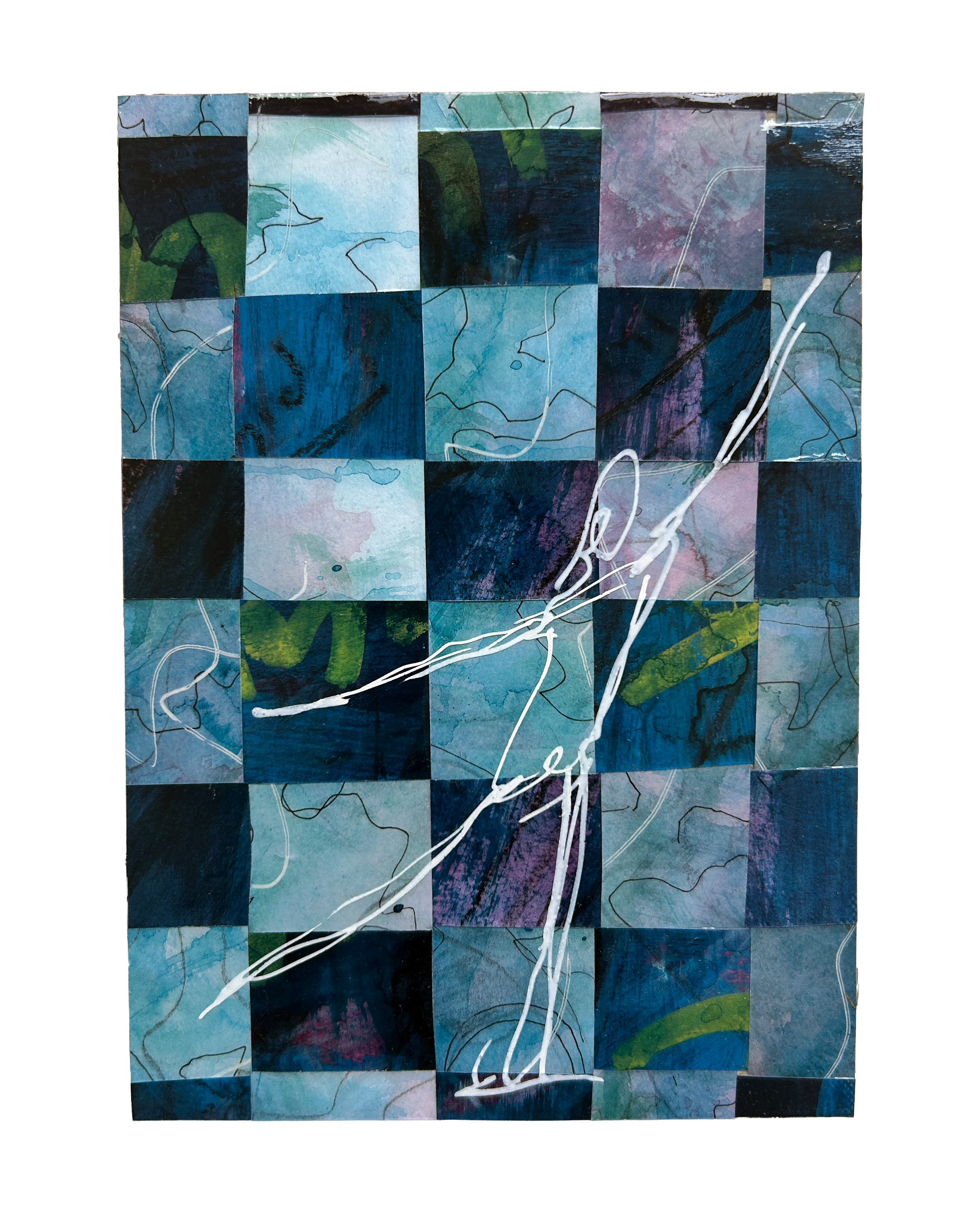 Untitled, 2026. Paper, watercolor, acrylic paint, pen, acrylic pouring medium, and acrylic marker on wood board. 7 x 5 inches.