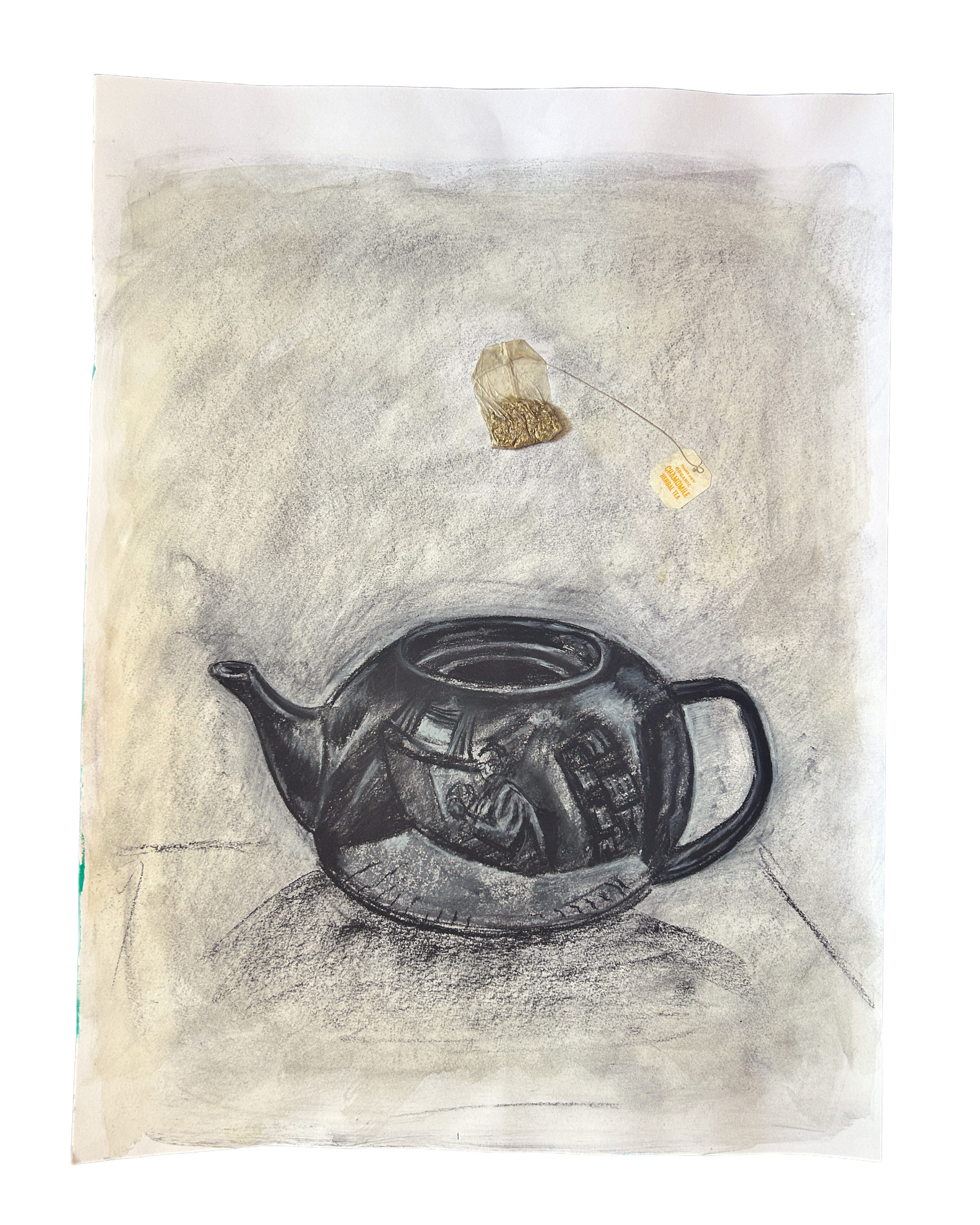 Therapeutic Vessel, 2025. Charcoal, tea bag, Mod Podge, and tea on paper. 24 x 18 inches.