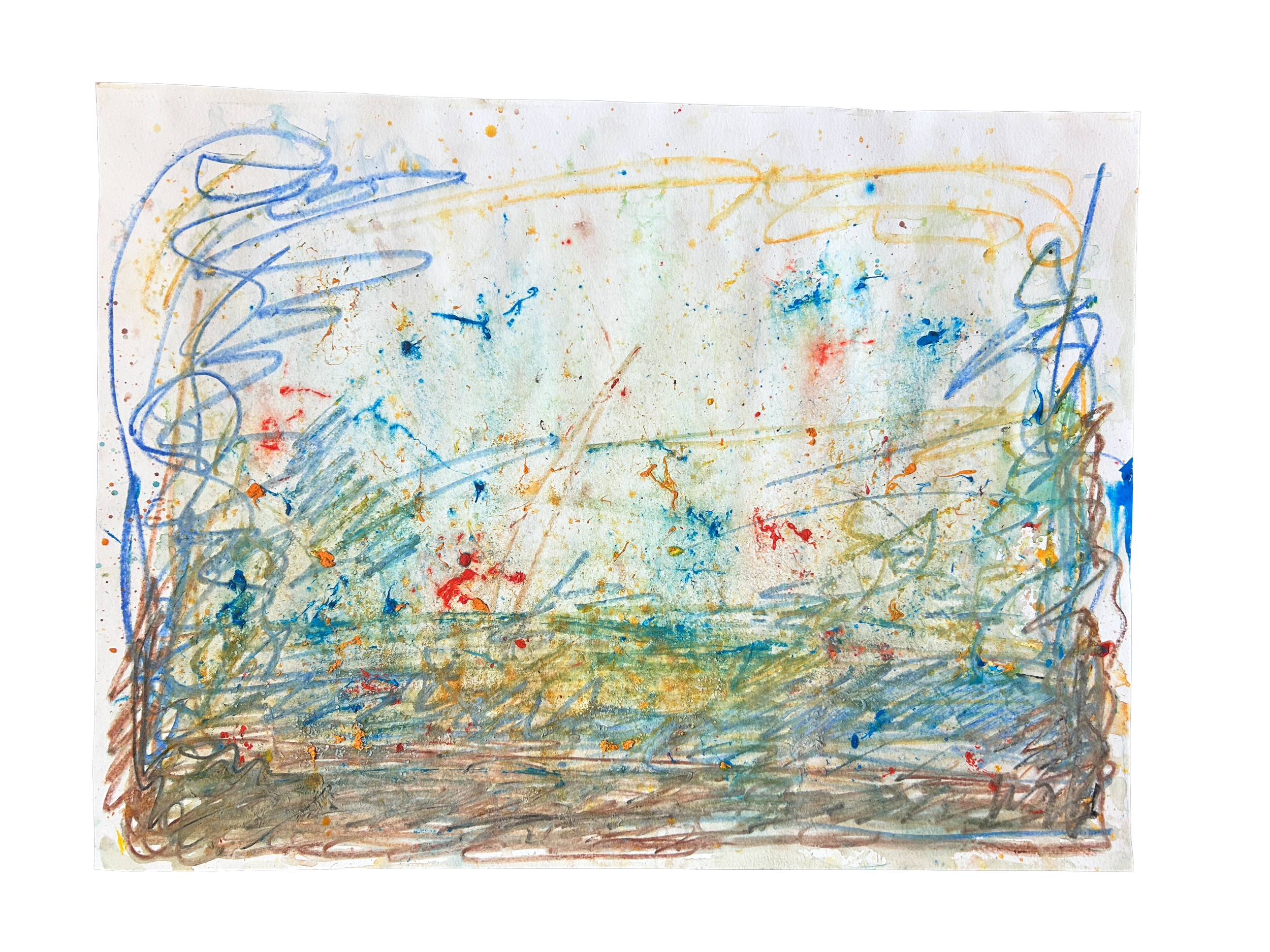 Tension and Release, 2026. Watercolor, gouache, water-soluble crayons, and salt on paper.  18 x 24 inches. 