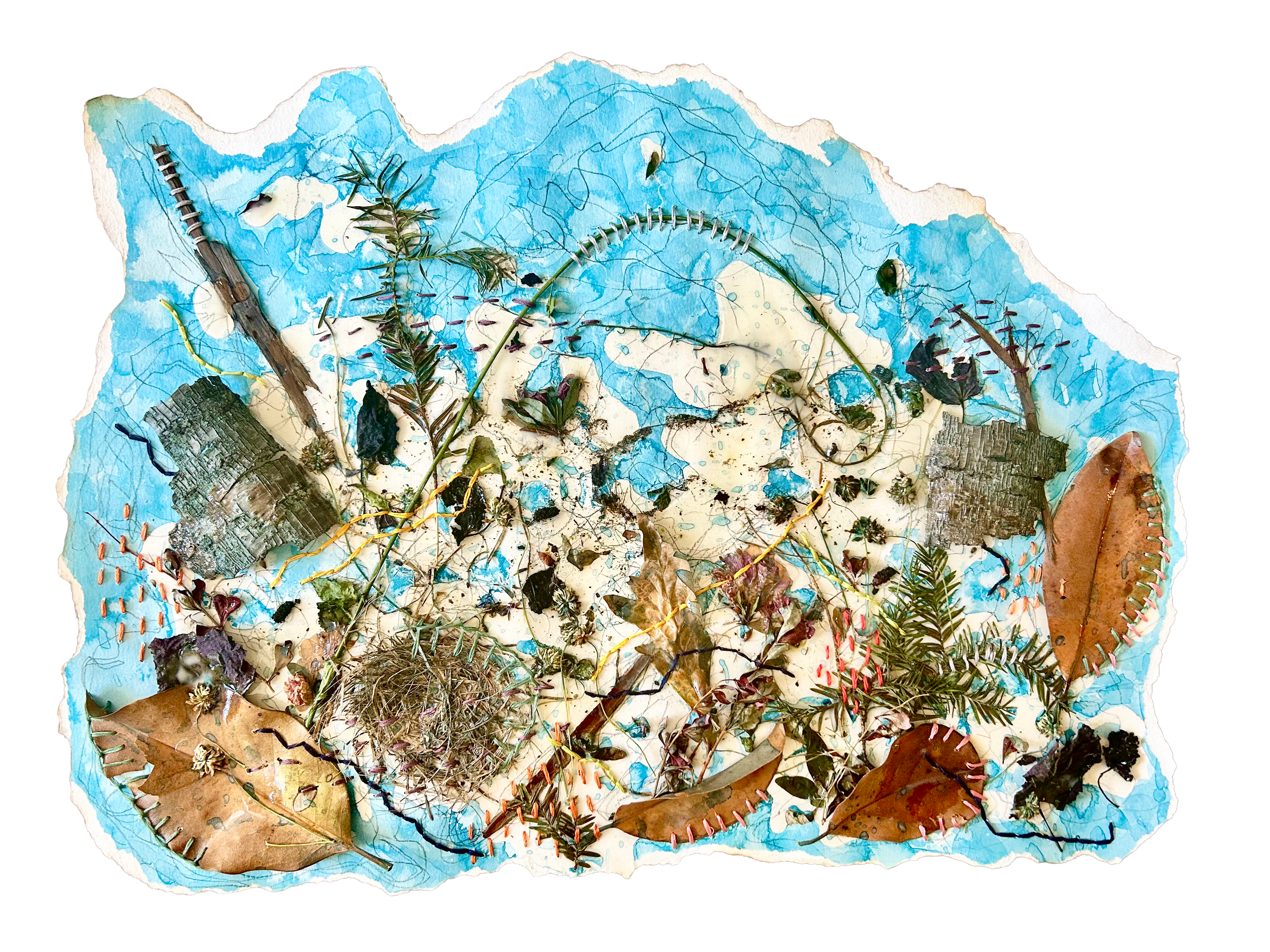 Holding On, 2026. Found materials, acrylic pouring medium, acrylic ink, pencil, and embroidery on paper. 17 x 23 inches.