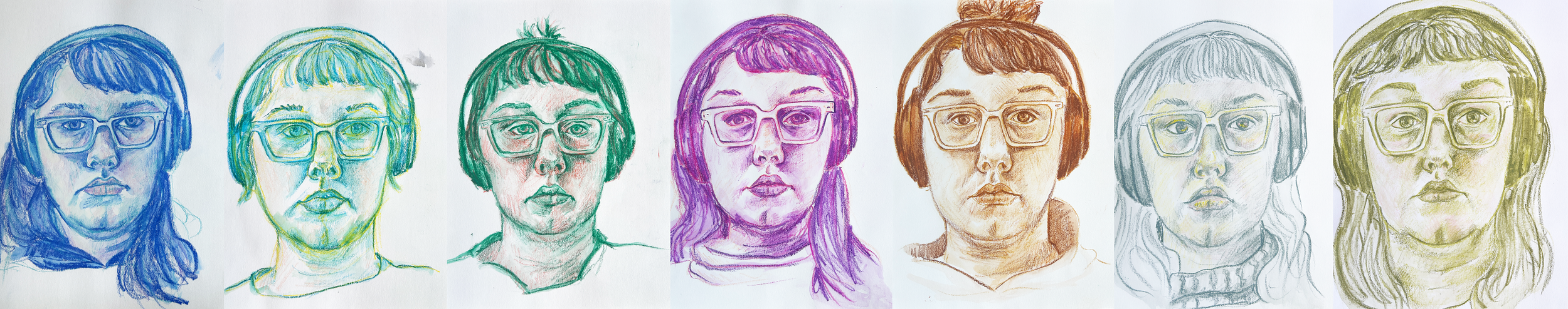 7 Weeks of Portraits, 2026. Water-soluble crayons on paper.  12 x 9 inches (each). 