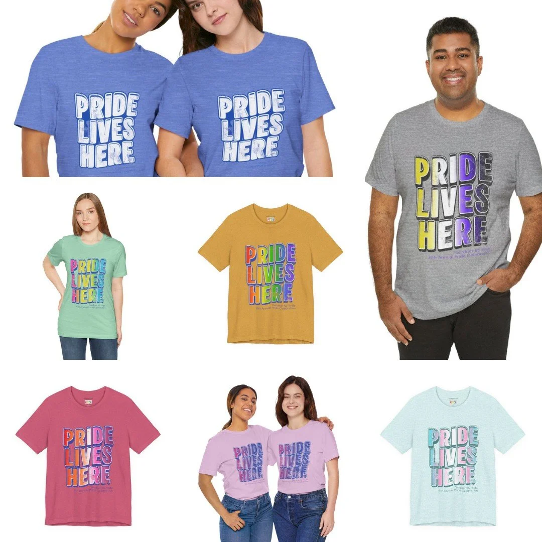 2026 Pride Shirts are LIVE!  Our Pride Lives Here shirts showcase this year's Pride Celebration theme and the belief that Pride is present in Gardner, in Kansas, and in all of us!  Get yours now!  Visit www.gardnerkspride.com/shop for shirts and stic