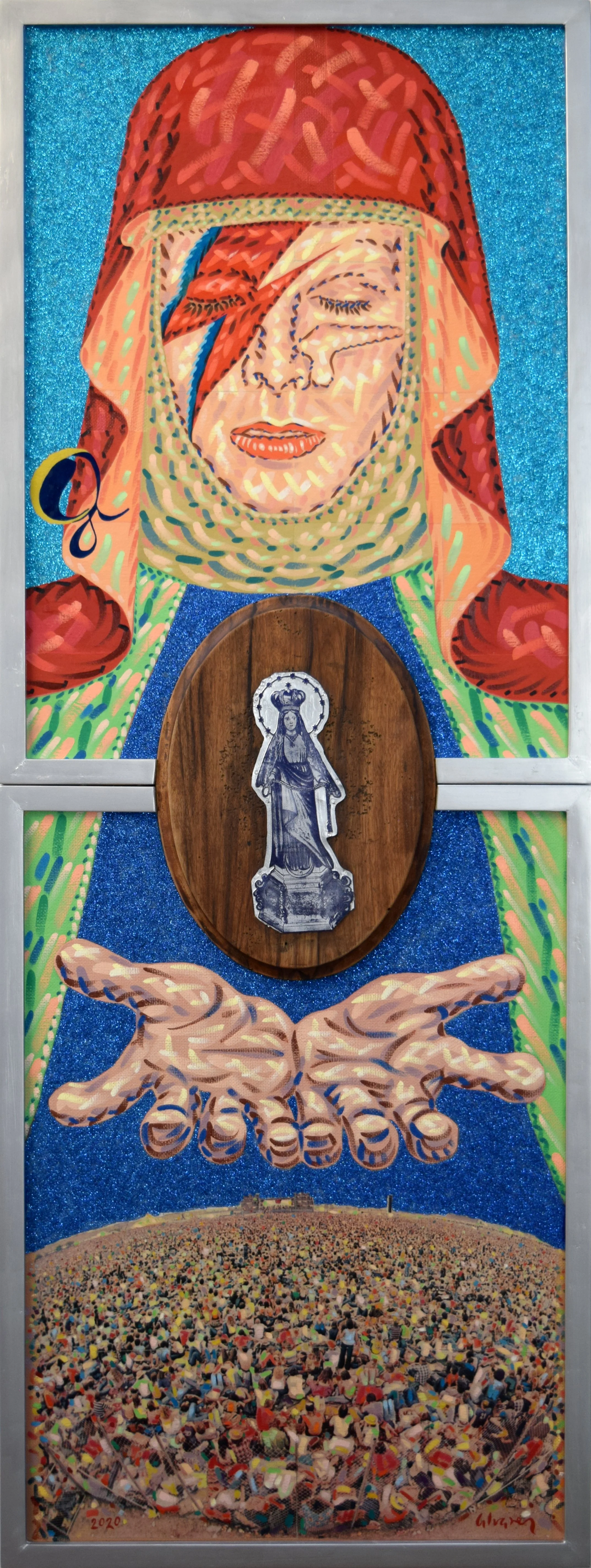 “Sister Bowie”, 2020. 156.5 x 58.5 cm. Óleo, alúmina cristalizada, collage, madera y placa de metal sobre fibracel