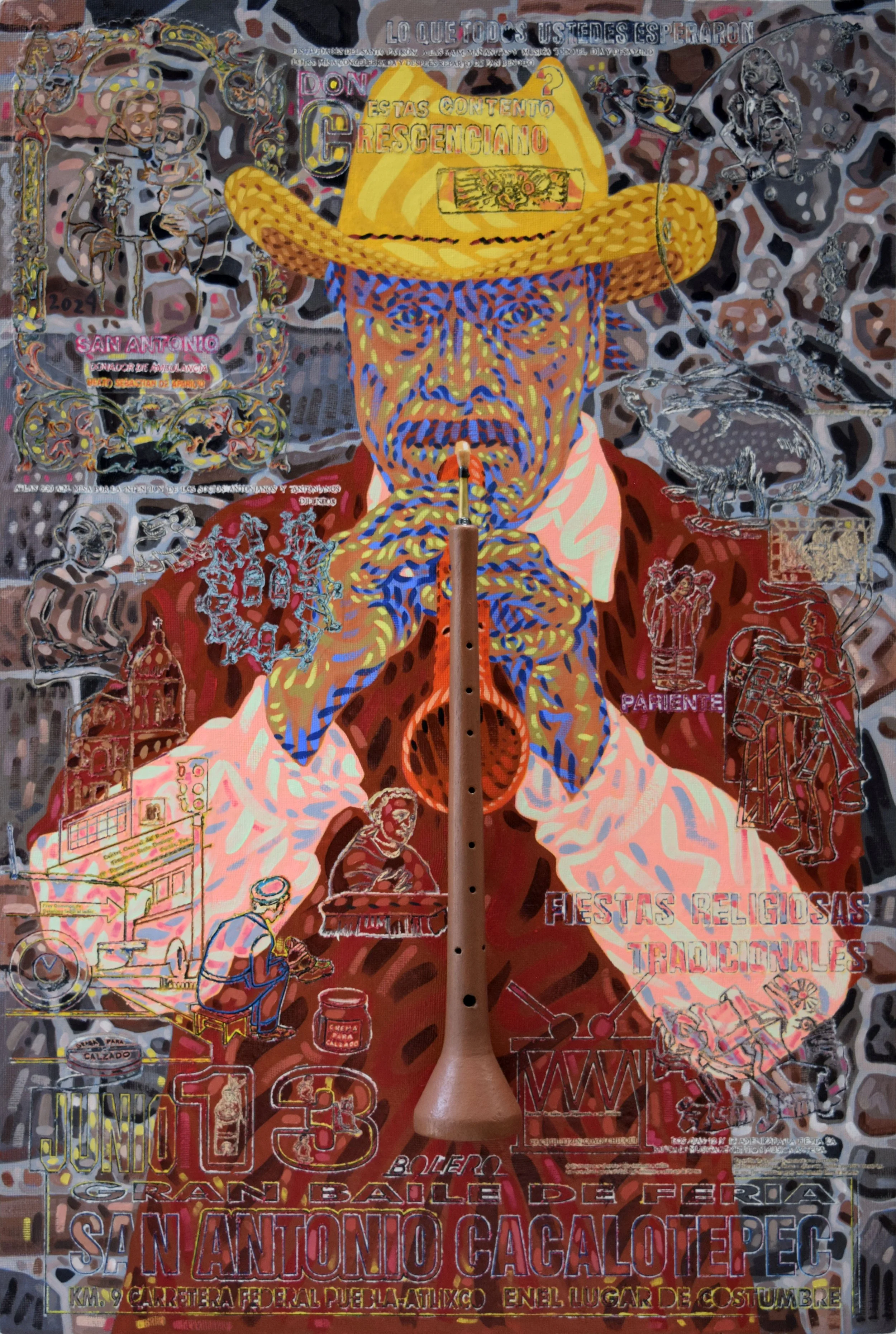 “Don Crescenciano”, 2024. 92 x 61.5 cm. Alvarezado y chirimía sobre fibracel