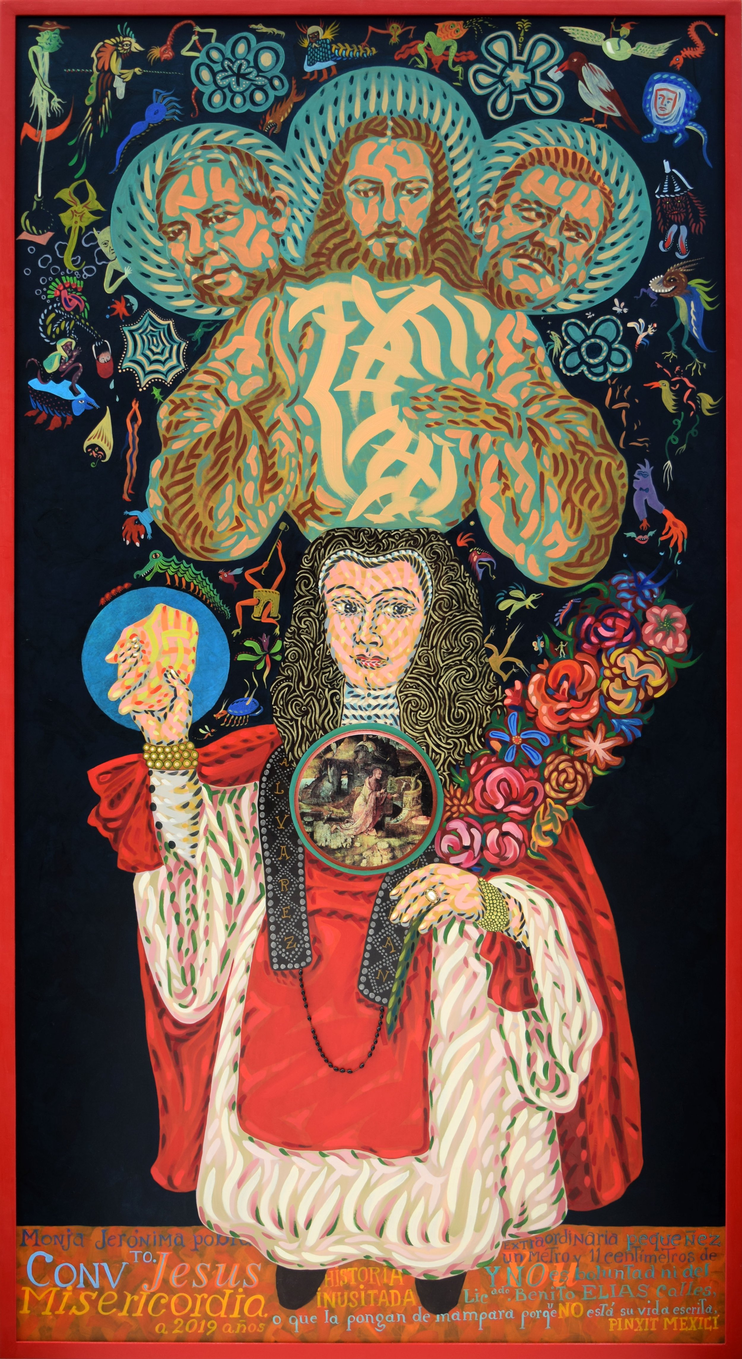 “Historia inusitada”. 2019. 190 x 100 cm. Collage, óleo y rosario sobre impreso sobre madera.