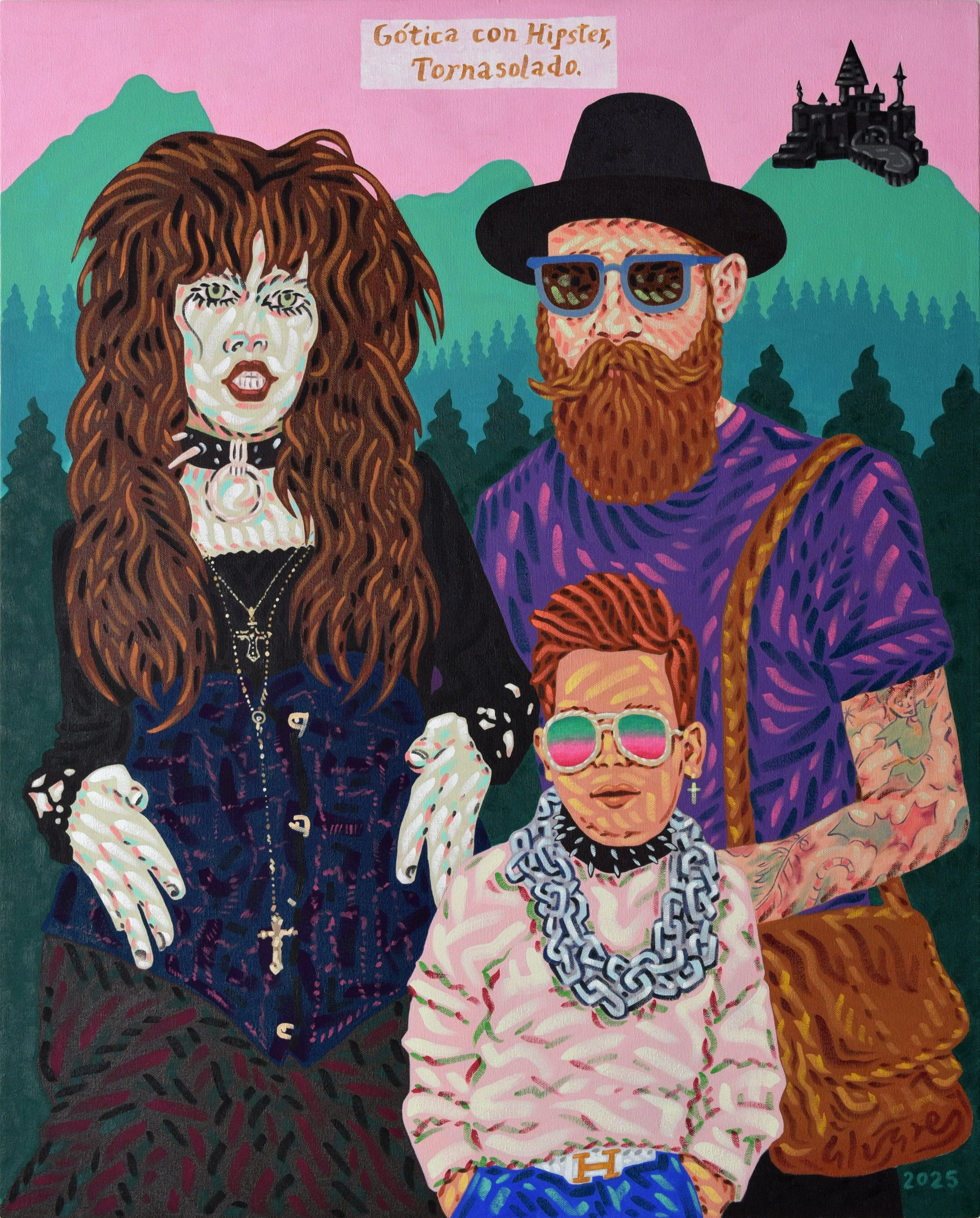 "Pintura de nuevas castas: Gótica con Hípster da Tornasolado", 2025. 100 x 80 cm. Óleo sobre tela