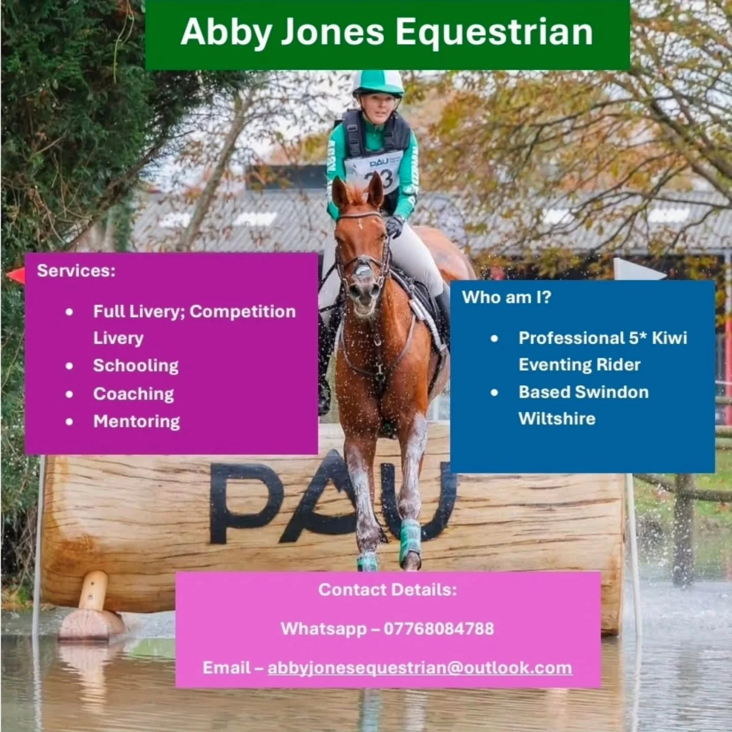 Who am I: 👋
Im Abby Jones 
5* Kiwi Eventing Rider who is on the NZ High Performance Squads 
I am based in Swindon Wiltshire 
Produced many horses up the grades from broken in to top level - including my current 5* mare 
I believe horses are individu