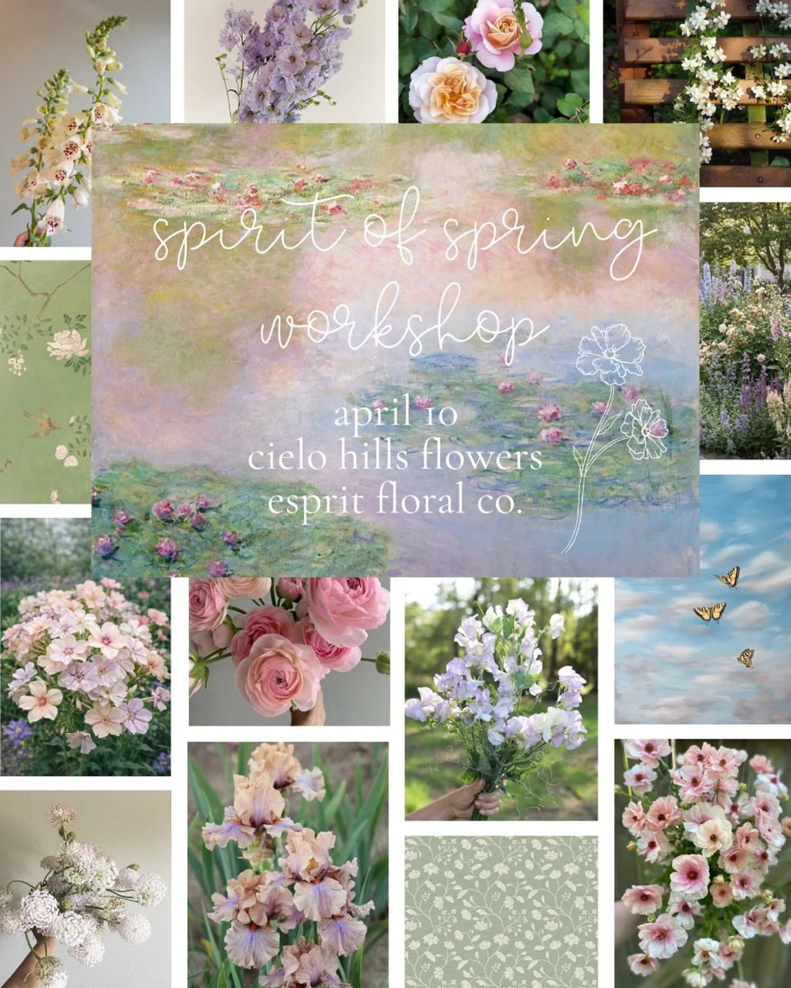 The mood board for our Spirit of Spring Workshop 🤍 A day inspired by Monet, butterfly gardens, Bridgerton, soft pastels, and all things Spring has to offer! 

Comment &ldquo;workshop&rdquo; and I&rsquo;ll send you a special discount code for this we
