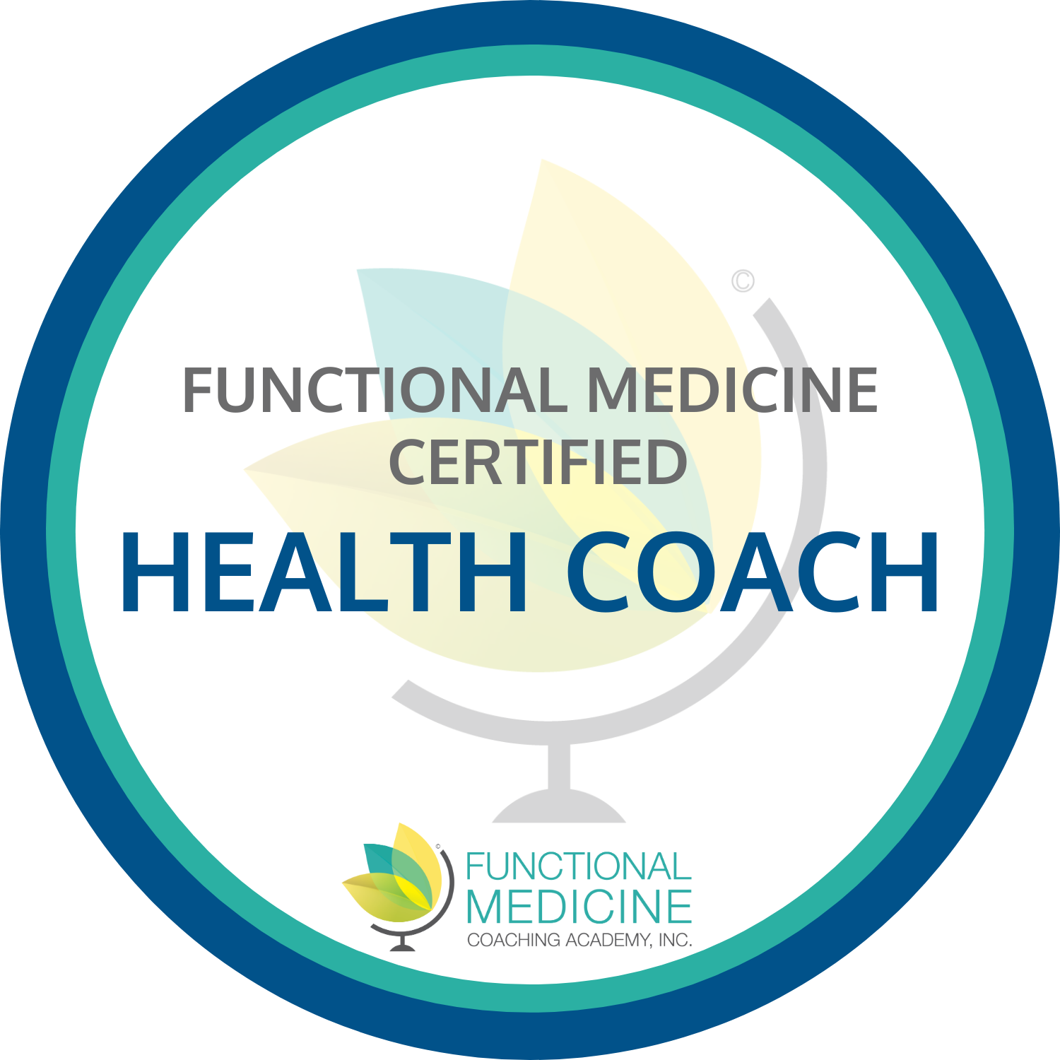A circular badge with blue and teal borders displaying the words 'Functional Medicine Certified Health Coach' and a logo of a stylized plant in a beaker, representing the Functional Medicine Coaching Academy.
