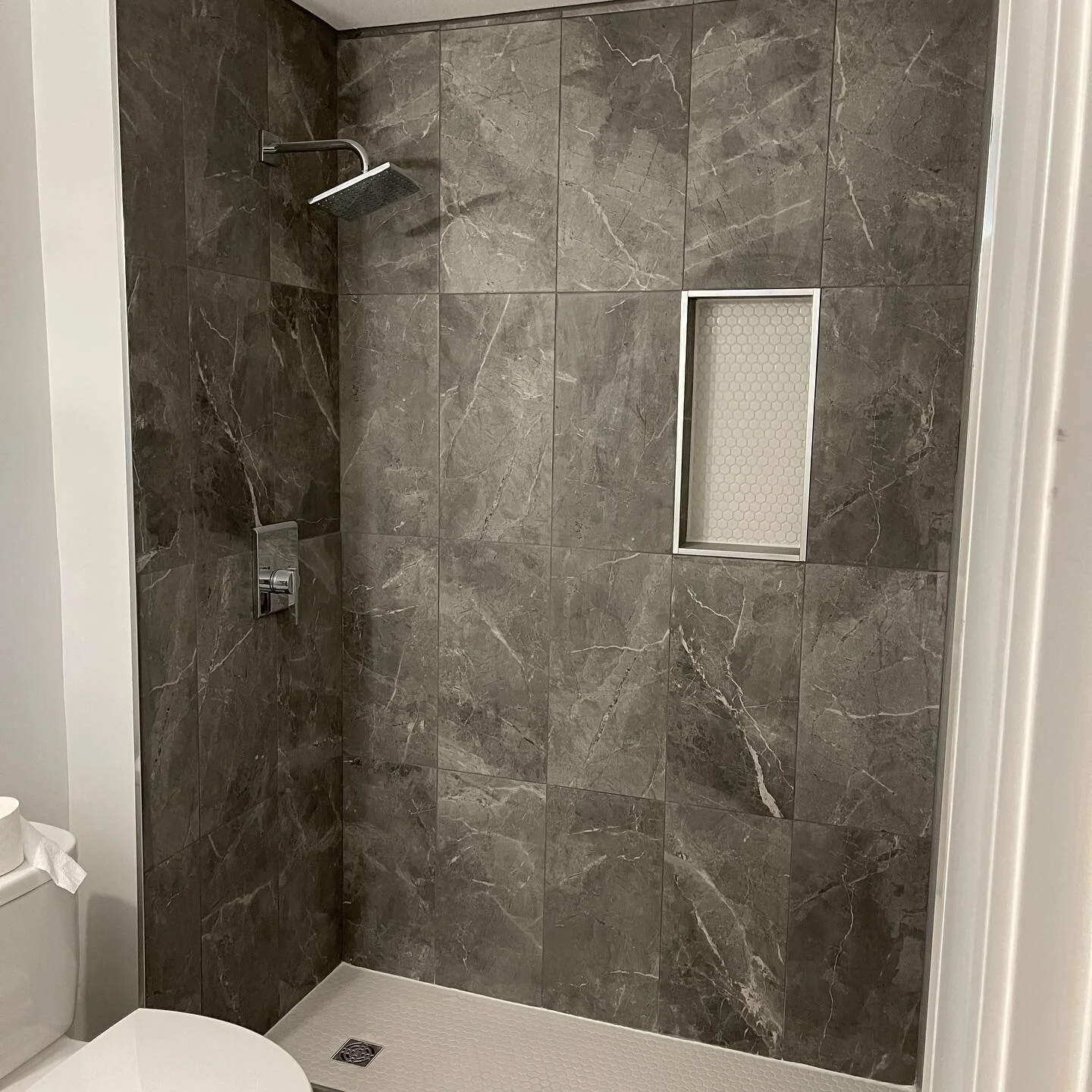 Just waiting for the glass shower door and this ensuite is complete&hellip; we removed the old tub and made a nice open shower thx to @tulip_plumbing for the excellent work as always