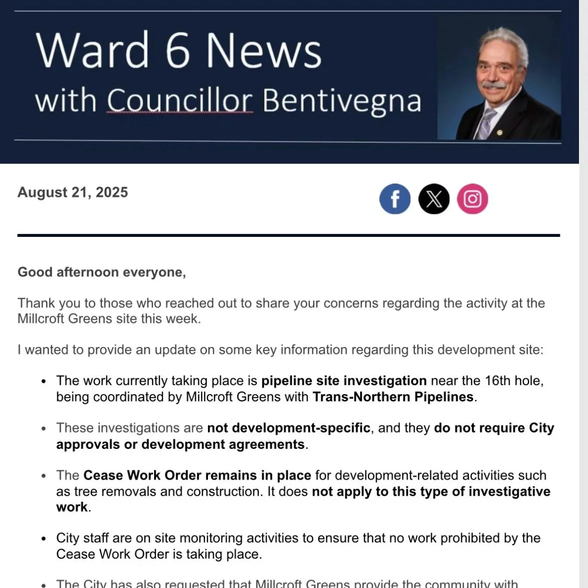 Councillor Bentivegna’s Update