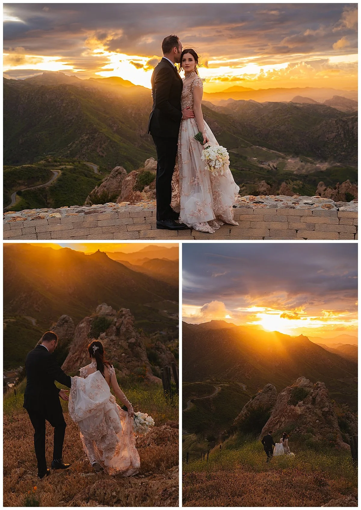 portrait of bride and groom at sunset at their intimate wedding in the malibu mountains