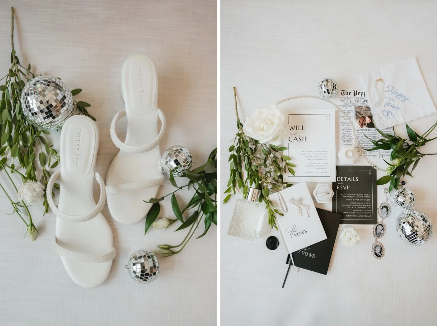 black and white wedding detail flat lay with vow books and silver jewelry