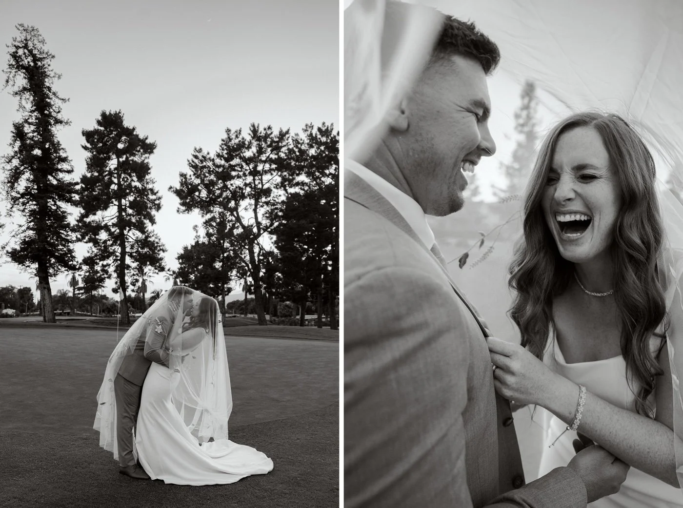 bride and groom taking portraits at their glendora country club wedding
