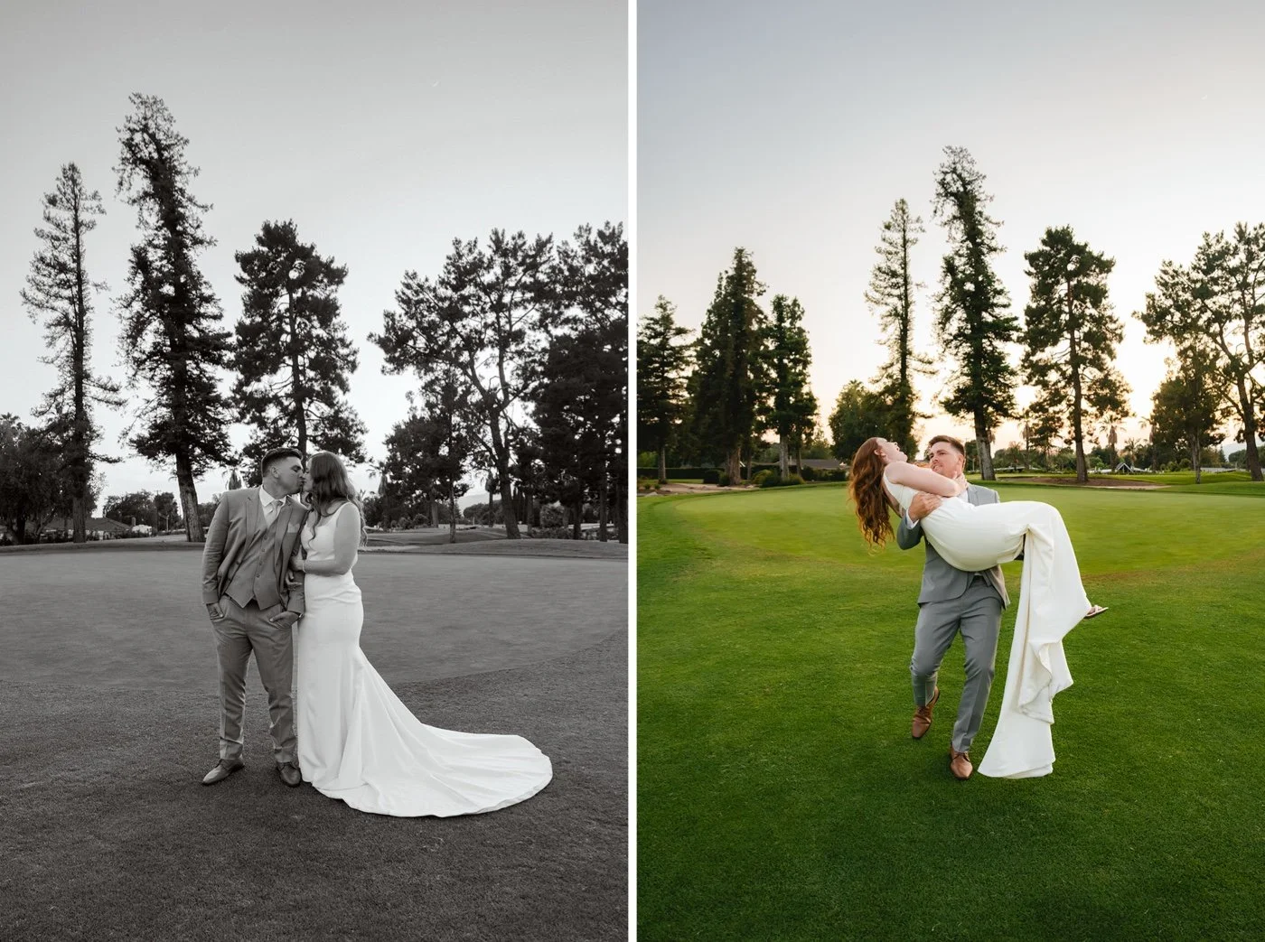 bride and groom taking portraits at their glendora country club wedding